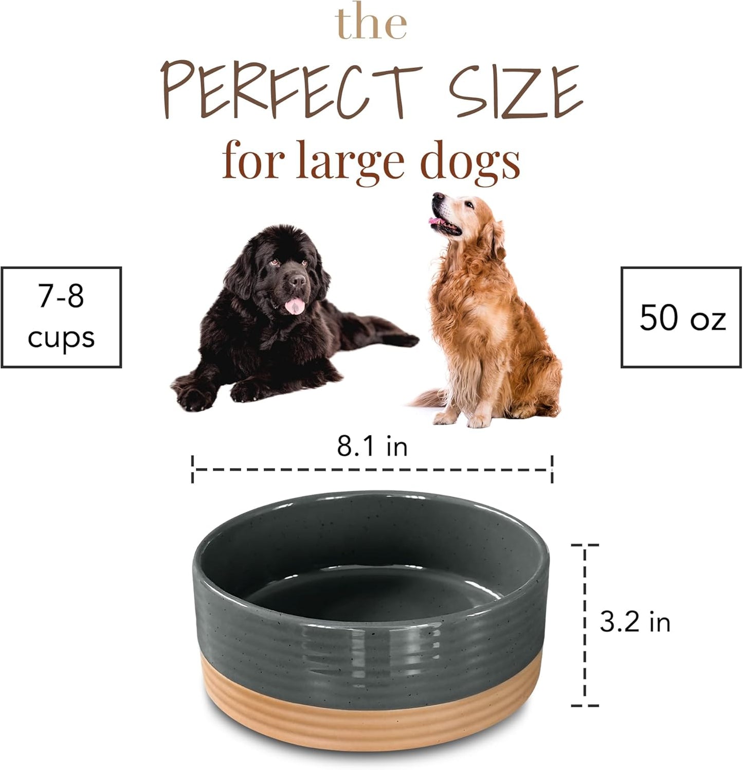 Mora Ceramic Pet Bowl - Large Food/Water Dish for Large Dogs, Cats, Great Dane, Mastiff - 50oz or 8 Cups - Basic Bowls - Charcoal