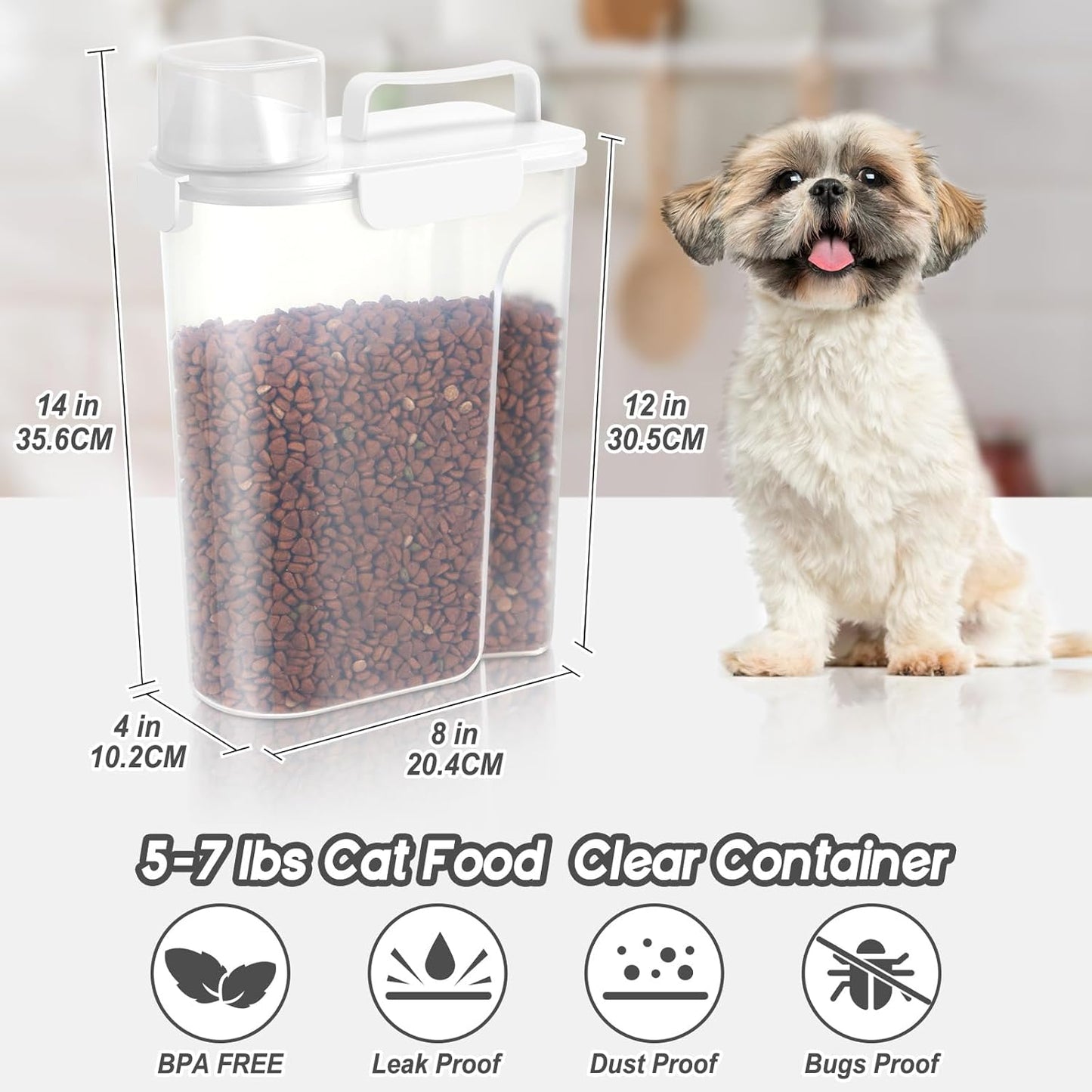 5-7Lbs Dog Cat Food Storage Container with Upgraded Large Nozzle BPA-free, 4 Snap Seals Plastic Pet Food Storage Containers with Handles (1, White, 5L)