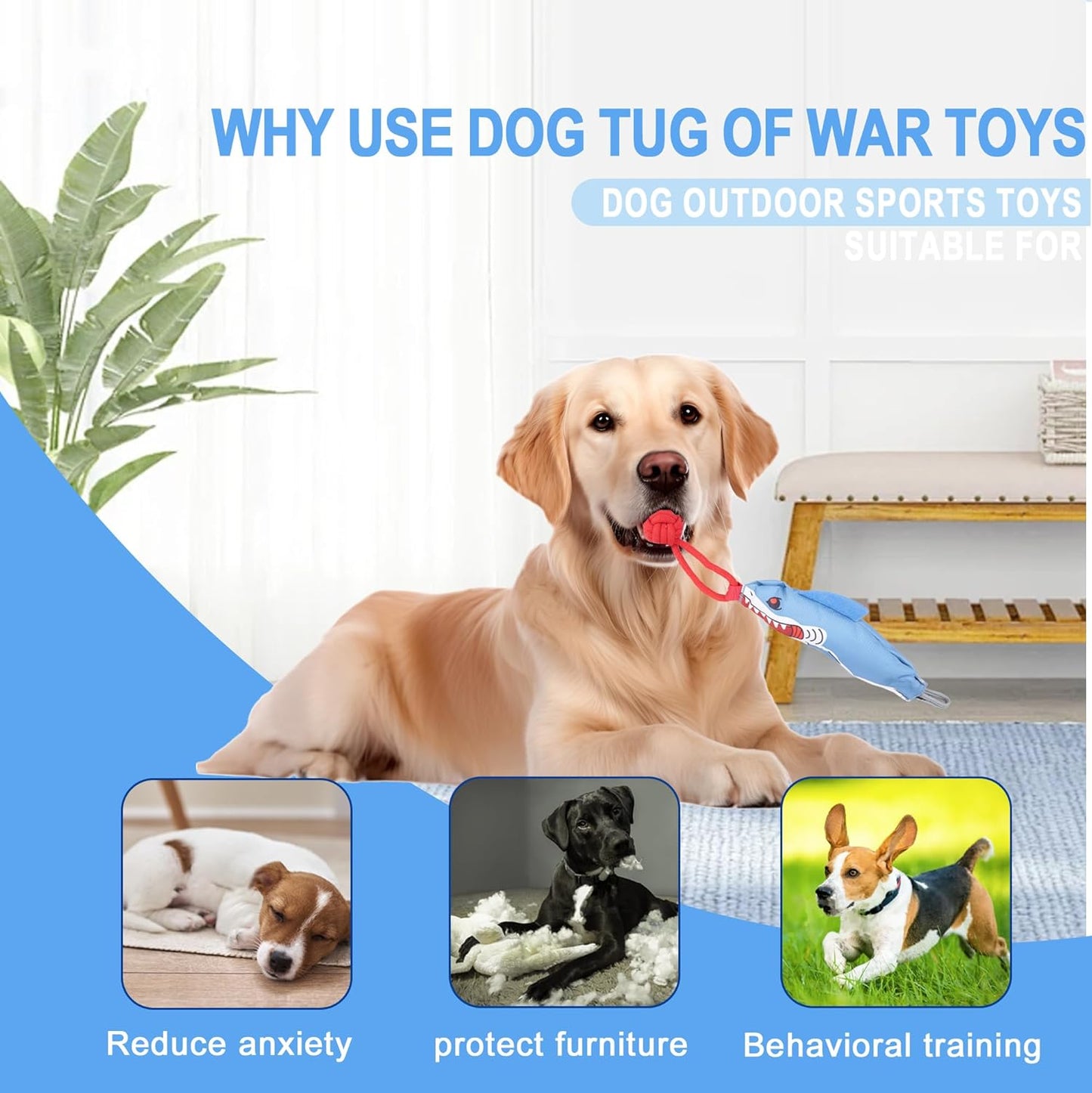 Dog Tree Tug of War Toy with Handles,Tethered Tug of War Outdoor Toy with Squeaky Self Play for Aggressive Chewers, Durable Bungee Cord with Chew Ball