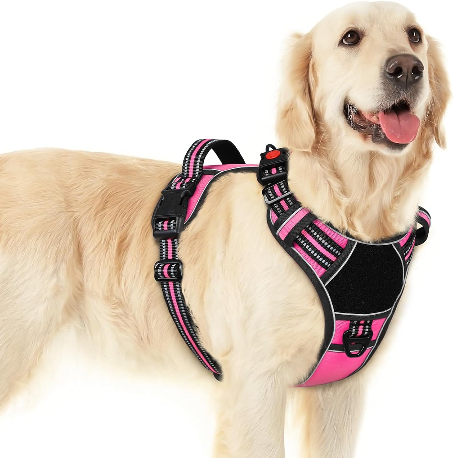 Eagloo Dog Harness for Large Dogs, Easy Wearing with 3 Buckles, Adjustable No Pull Pet Harness with 2 Rings for Walking, No Chock Reflective Soft Padded Vest with Control Handle, Pink & Black, L