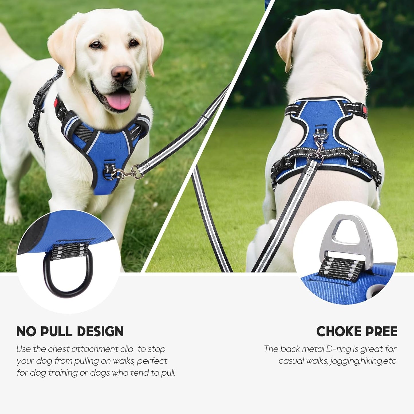Timos Dog Harness for Large Dogs, No Pull Service Vest with Reflective Strips and Control Handle,No Choke Dog Harness with 2 Metal Rings for Easy Walking,Outdoor Training,Blue, XL