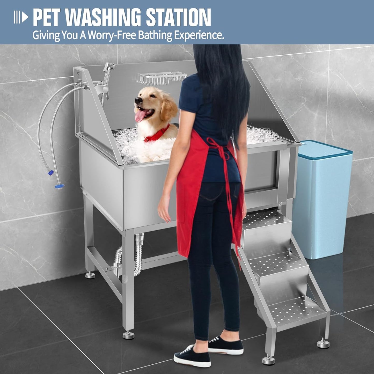 38" Pet Dog Bathing Station W/Ramp, Professional Stainless Steel Dog Grooming Tub W/Floor Grate, Faucet, Dog Bathtub for Large,Medium, Small Pets, Washing Sink for Home,R-RAMP