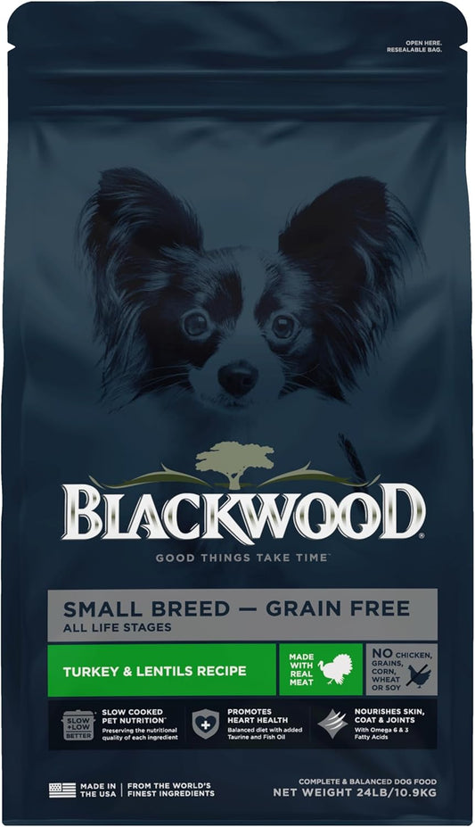 Blackwood Grain Free Small Breed Dry Dog Food, Turkey & Lentils Recipe, 24 Pound Bag for All Life Stages, Slow Cooked with Taurine and Fish Oil to Promote Heart Health