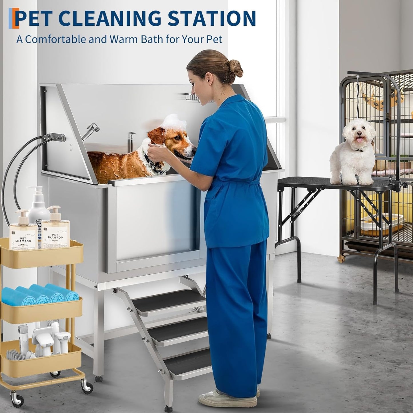 Stainless Steel Dog Washing Station - Dog Bath Tub for Large, Medium, Small Dogs, Pet Grooming Tub with Ramp, Non-Slip Grate, Shower, Soap Box, Faucet, Drain for Home & Outdoor （Left RAMP, 62"）