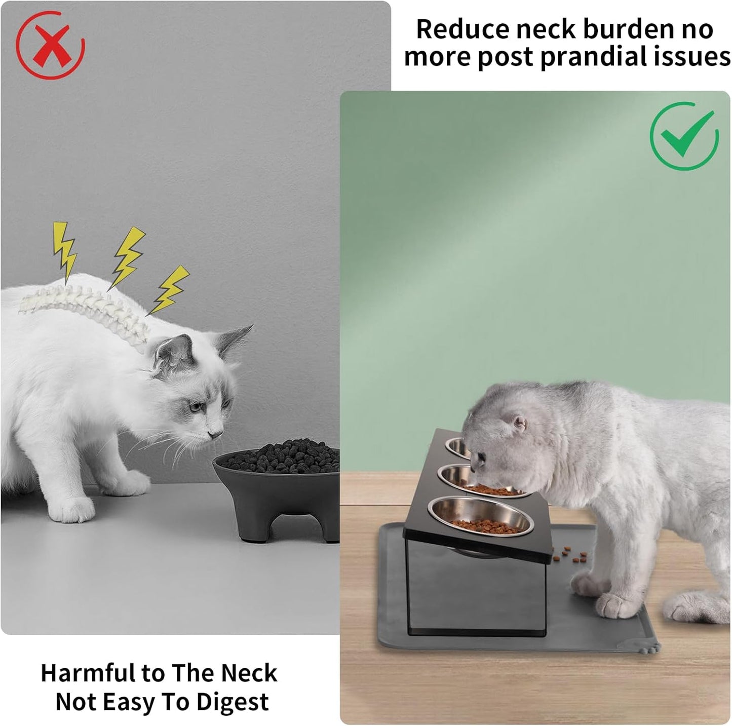 Upgraded Elevated Cat Bowls with Food Mat,15°Tilted Stand Anti Vomiting Raised Cat Dishes for Food and Water,3 Stainless Steel Bowls for Cats and Puppy（Black）