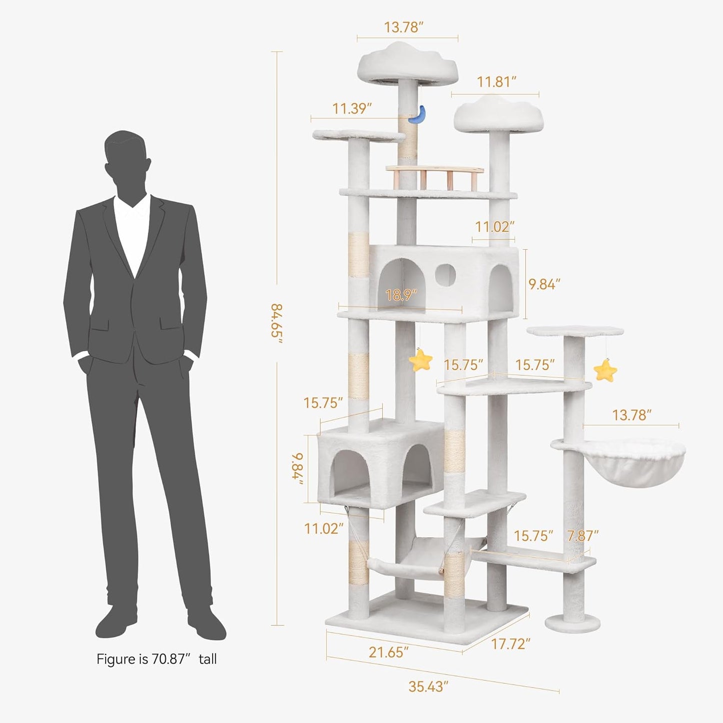 85in Tall Cat Tower for Heavy Duty Big Cats, Large Cat Tree with Scratching Post, Plush Perches, Cozy Cat Condos & Hanging Hammocks for Maine Coon, White