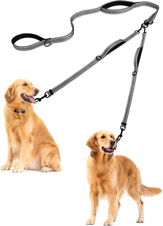 PetBonus Double Dog Leash, No Tangle Dual Leash, Reflective Walking Training Lead, 4 Comfortable Padded Handles for 2 Dogs with Collapsible Bowl and Waste Bags (Grey, Large)