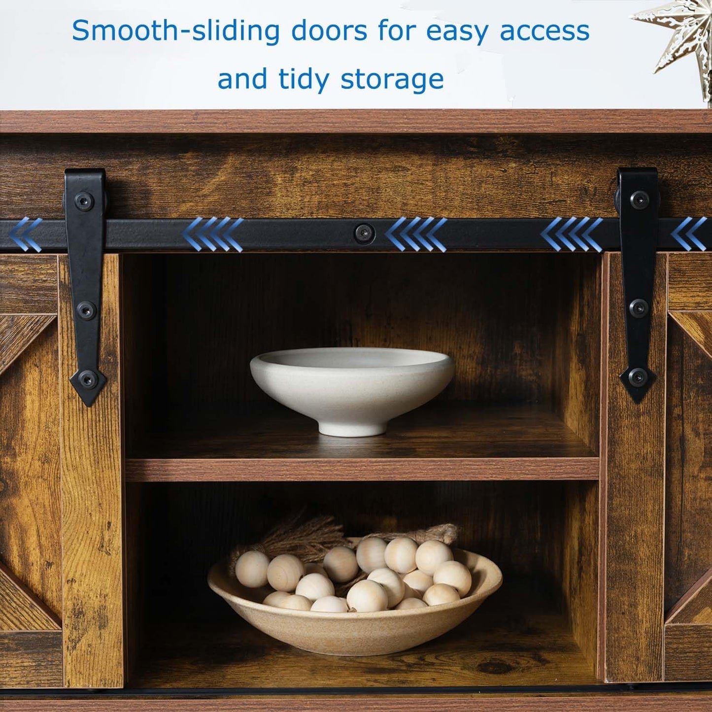 Entryway Table with Storage, Farmhouse Buffet Cabinet Coffee Bar Kitchen Island with Sliding Barn Doors & Shelves, Console Table for Kitchen, Dining Room, Living Room, Brown