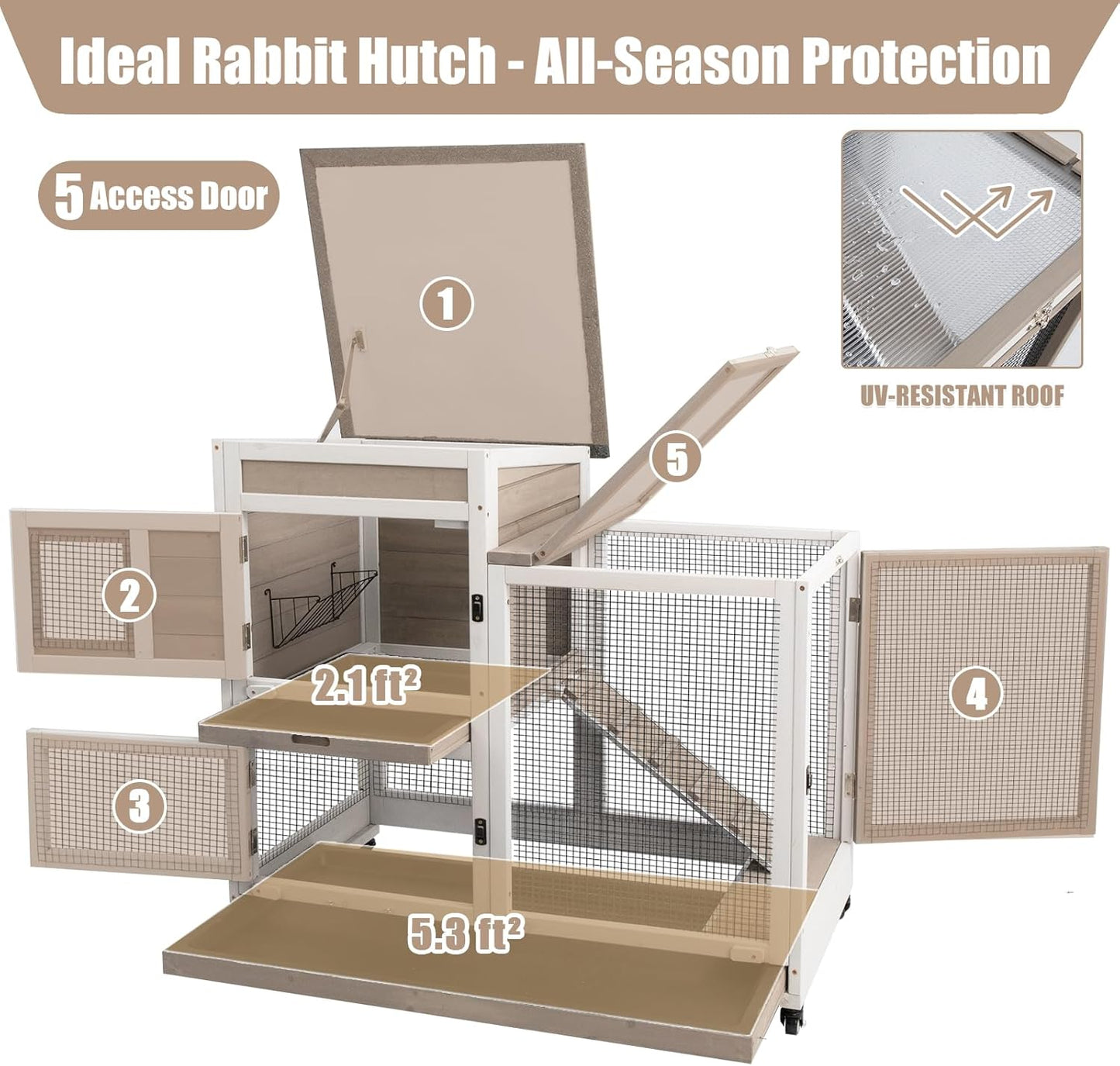 Rabbit Hutch Indoor 40" L Large 2 Story Outdoor Wooden Bunny Hutch with Run, 4 Metal Wheels & 2 Deeper Trays, UV-Proof Panel Rabbit Cage Guinea Pig Pet House for Small-Medium Animals