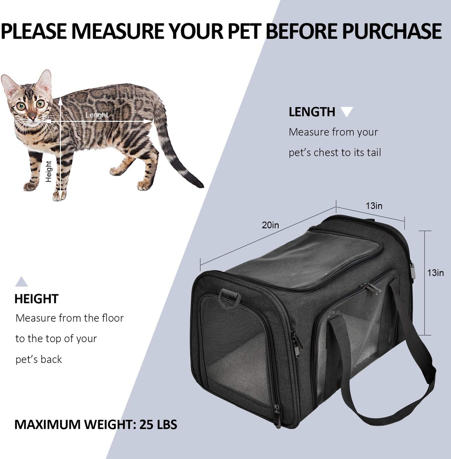 Large Soft Sided Cat and Pet Carrier for Cats and Puppies up to 25Lbs - Collapsible, Waterproof Travel Carrier - Black