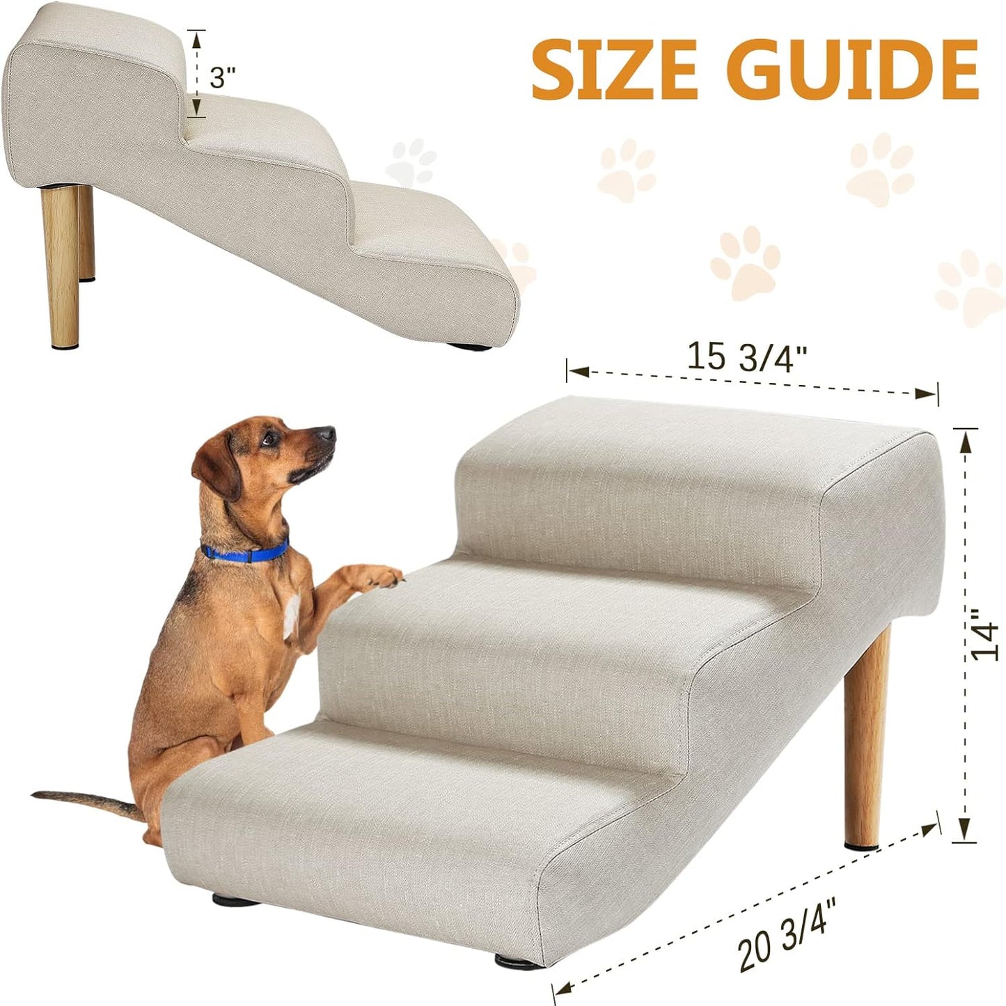 Senneny Imitation Linen Faux Leather Dog Stairs, for Pets up to 150 lbs, Waterproof, Scratch Resistant Pet Steps/Stairs with High Density Foam and Detachable Wooden Legs, Light Beige Linen, 3 Step