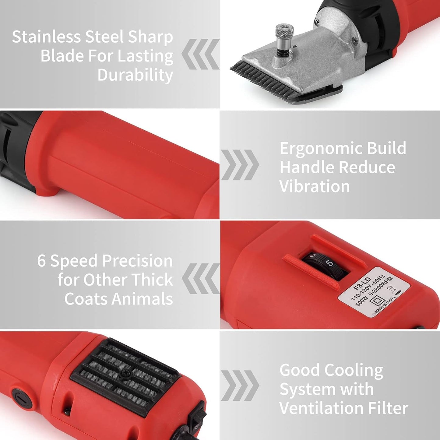 DUCKBOY Heavy Duty Clippers for Thick Coats Animals, 500W Professional Electric Shearing Machine for Horse Pony Cattle and Large Dogs Livestocks Grooming, 6 Speed & 2 Detachable Shearing Blades