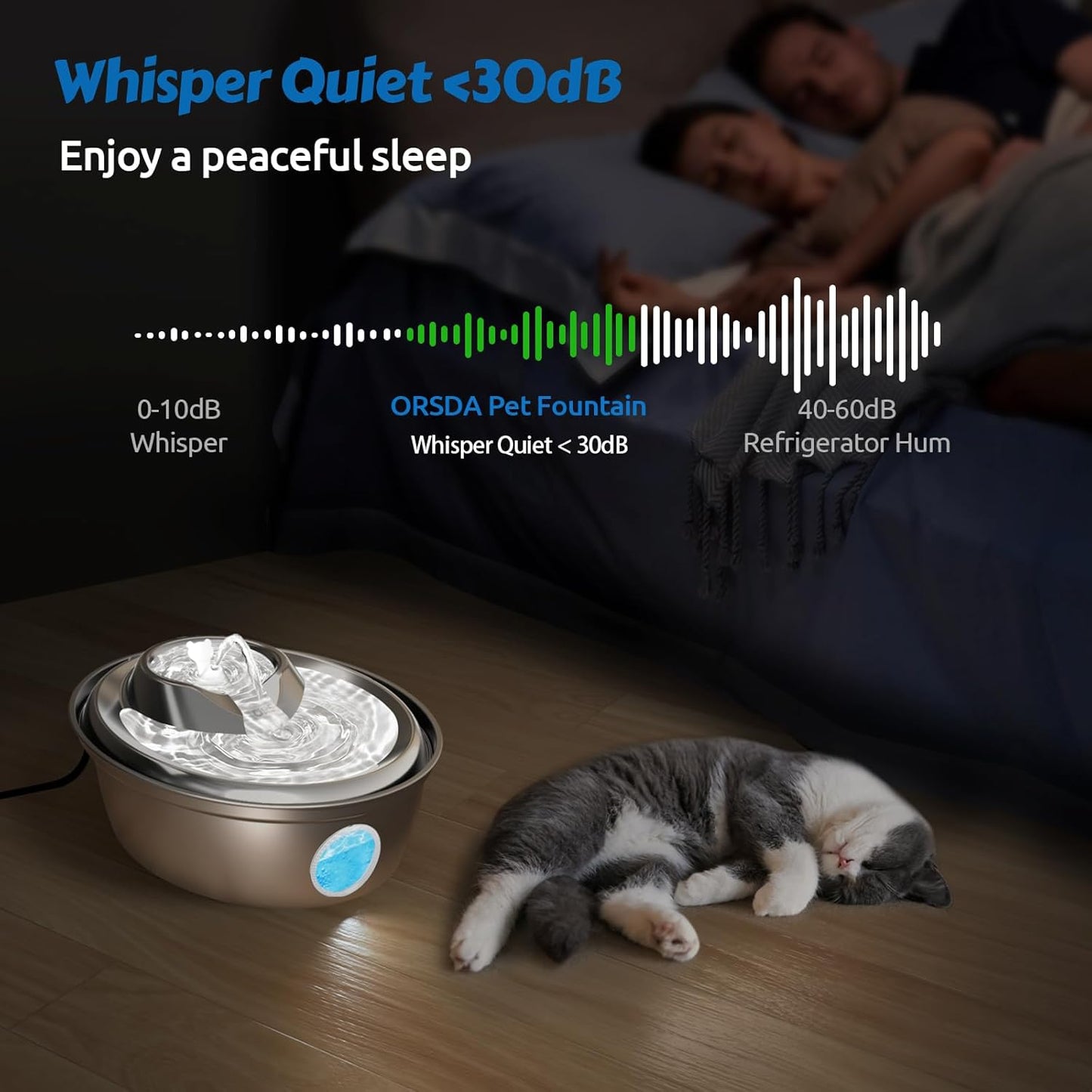 ORSDA Stainless Steel Cat Water Fountain, Automatic Pet Drinking Fountain, 67oz/2L Dog Pet Water Dispenser with Visual Water Level Window for Cats and Small Dogs- 9Pcs Filters (D36)