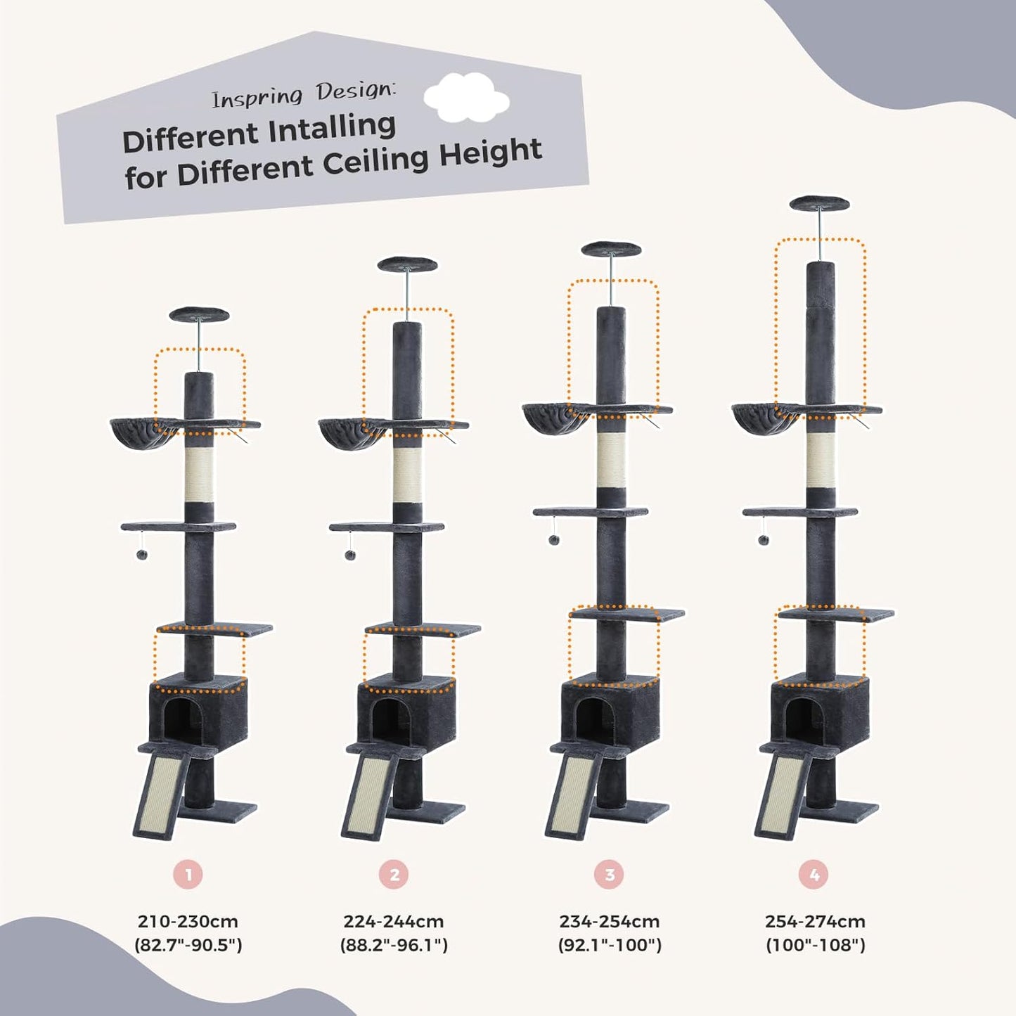 PEQULTI Floor to Ceiling Cat Tree, Tall Cat Tower, Adjustable Height (83''-108'') 5 Levels Climbing Tree for Indoor Cats with Cat Condo, Cozy Hammock and Scratching Post, Smoky Grey