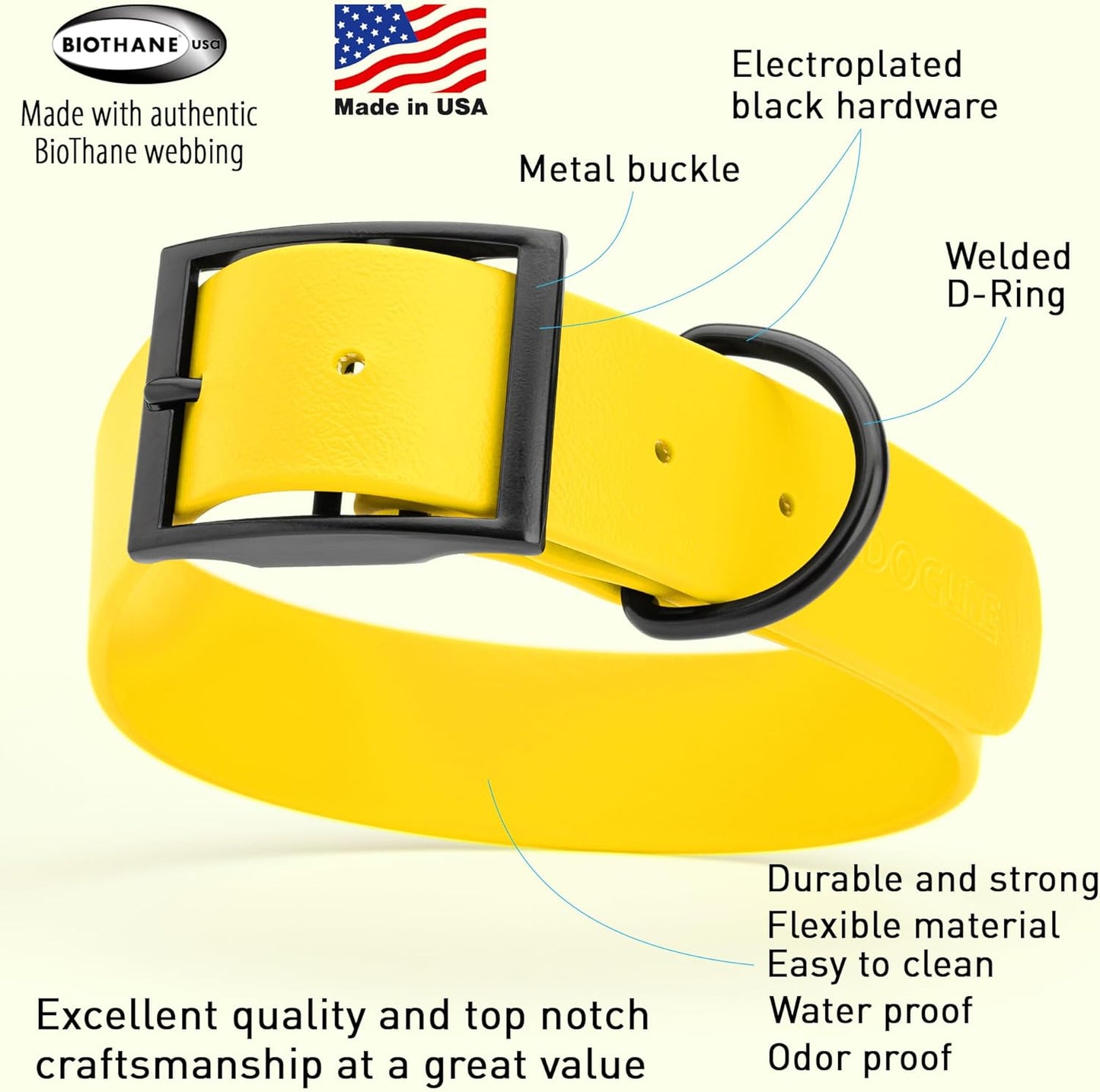 Dogline Biothane Waterproof Dog Collar Strong Coated Nylon Webbing with Black Hardware Odor- Proof for Easy Care Easy to Clean High Performance Fits Small Medium or Large Dogs, Lemon Yellow