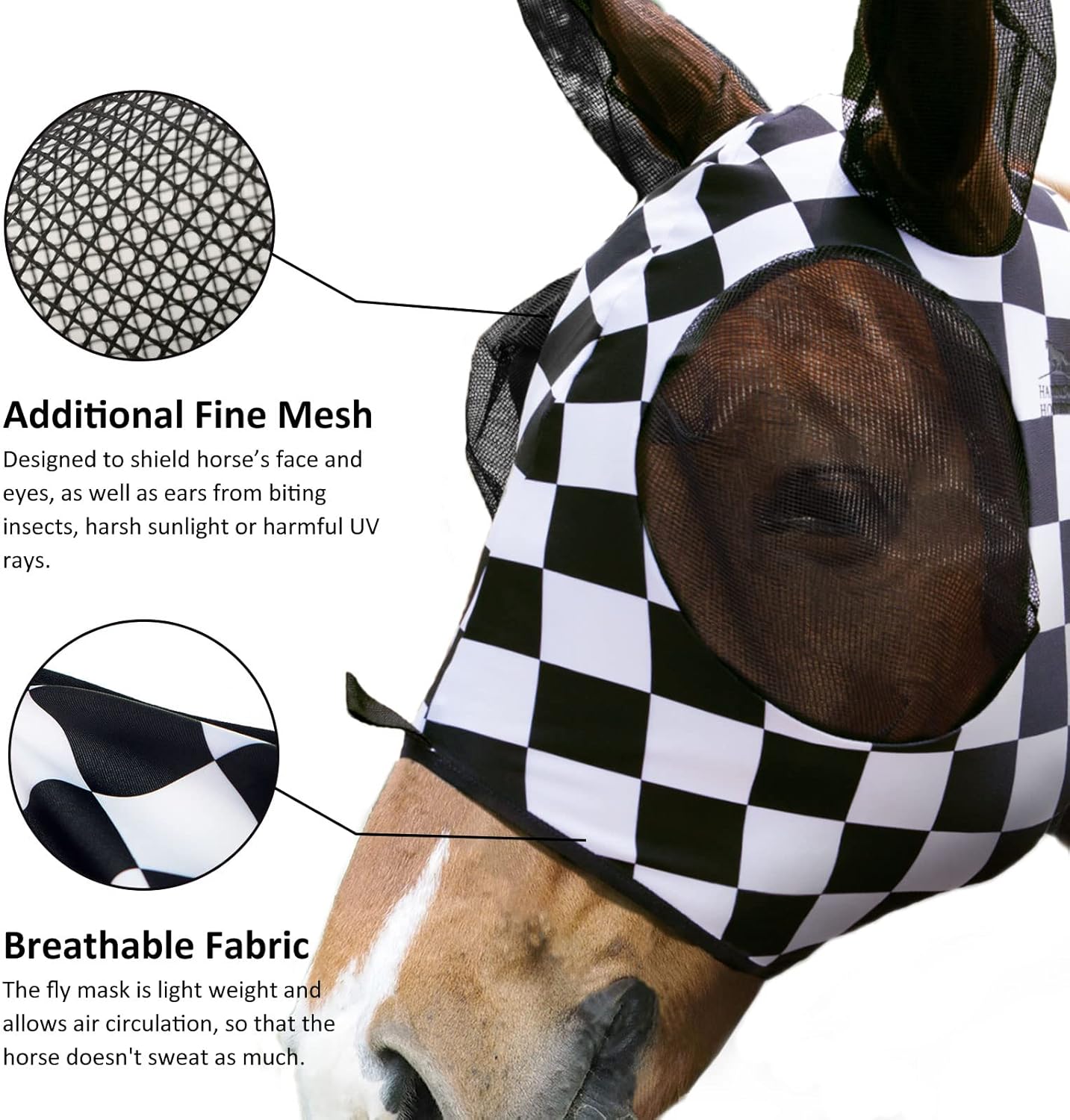 Harrison Howard Super Comfort Stretchy Fly Mask Large Eye Space with UV Protection Soft on Skin with Breathability Checker Board S