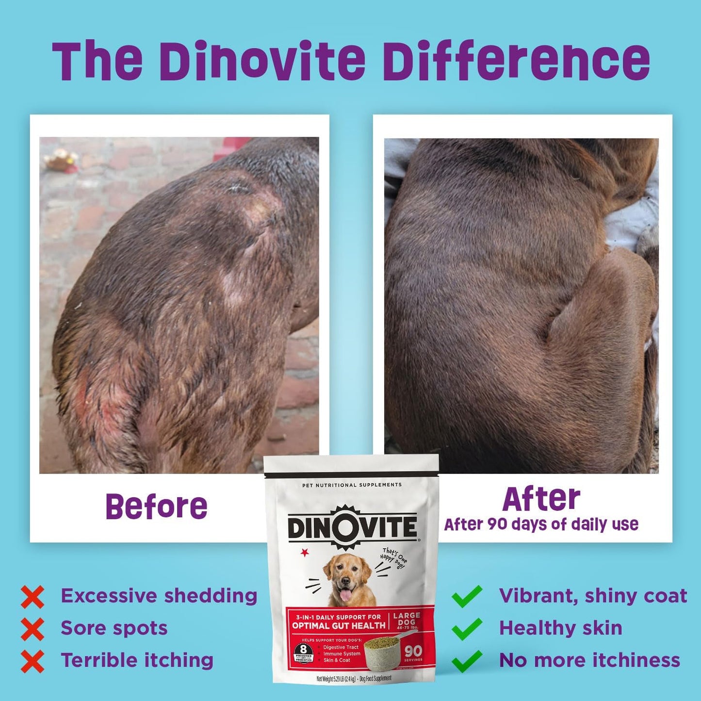 Dinovite Dog Probiotics for Yeast, Itchy Skin and Itchy Ears - Daily Skin & Coat, Digestive, and Immune Support for Small Dogs 1-18lbs – 90-Day Supply, Omega 3 Fatty Acids, Essential Pre & Probiotics