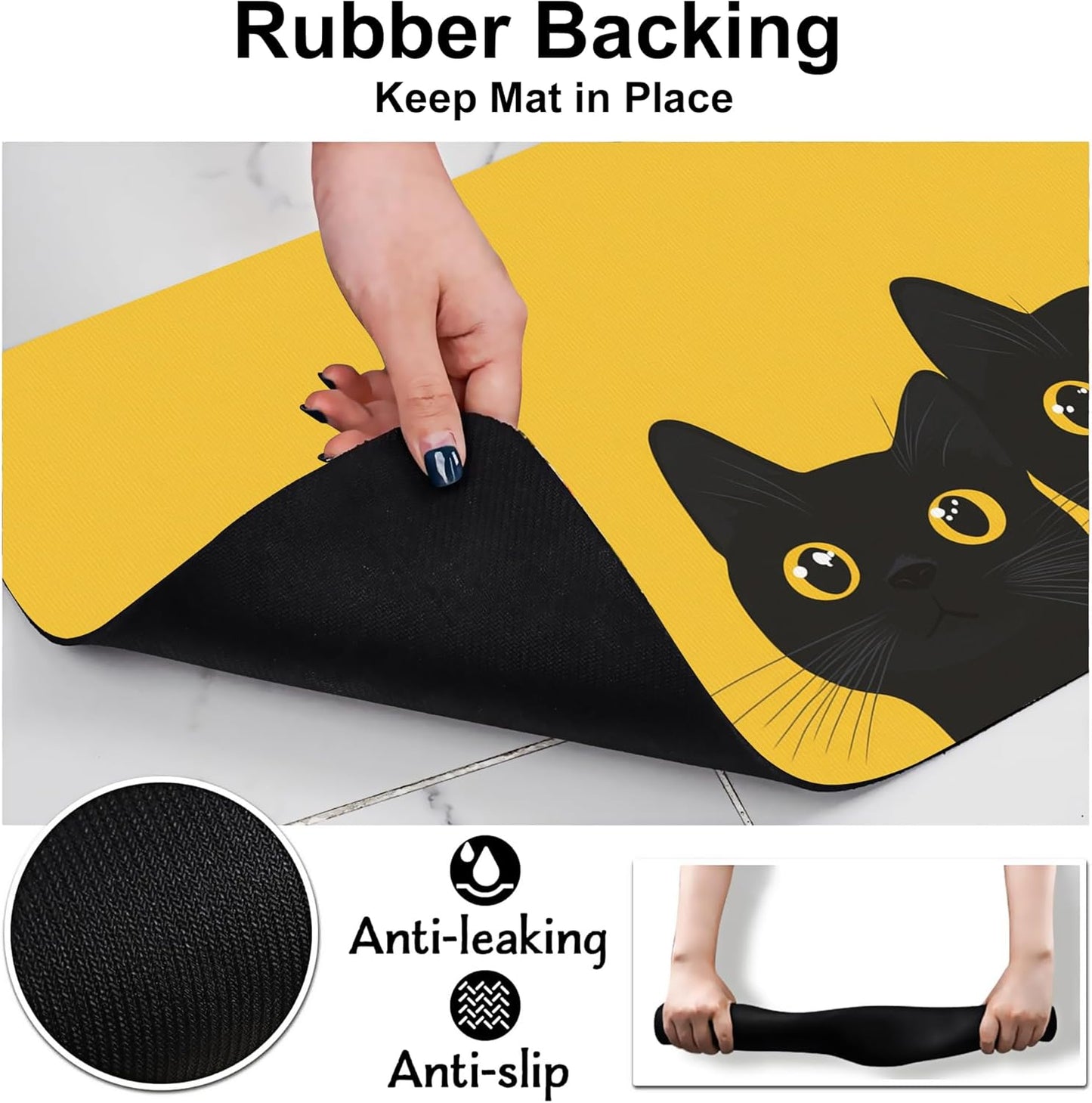 Cute Black Cat Peeking Dog Cat Food Mat-Absorbent Placemat for Food and Water Bowl, Waterproof Non Slip Rubber Backing Dog Food Mats for Floors, Pet Supplies 12 * 20 inch
