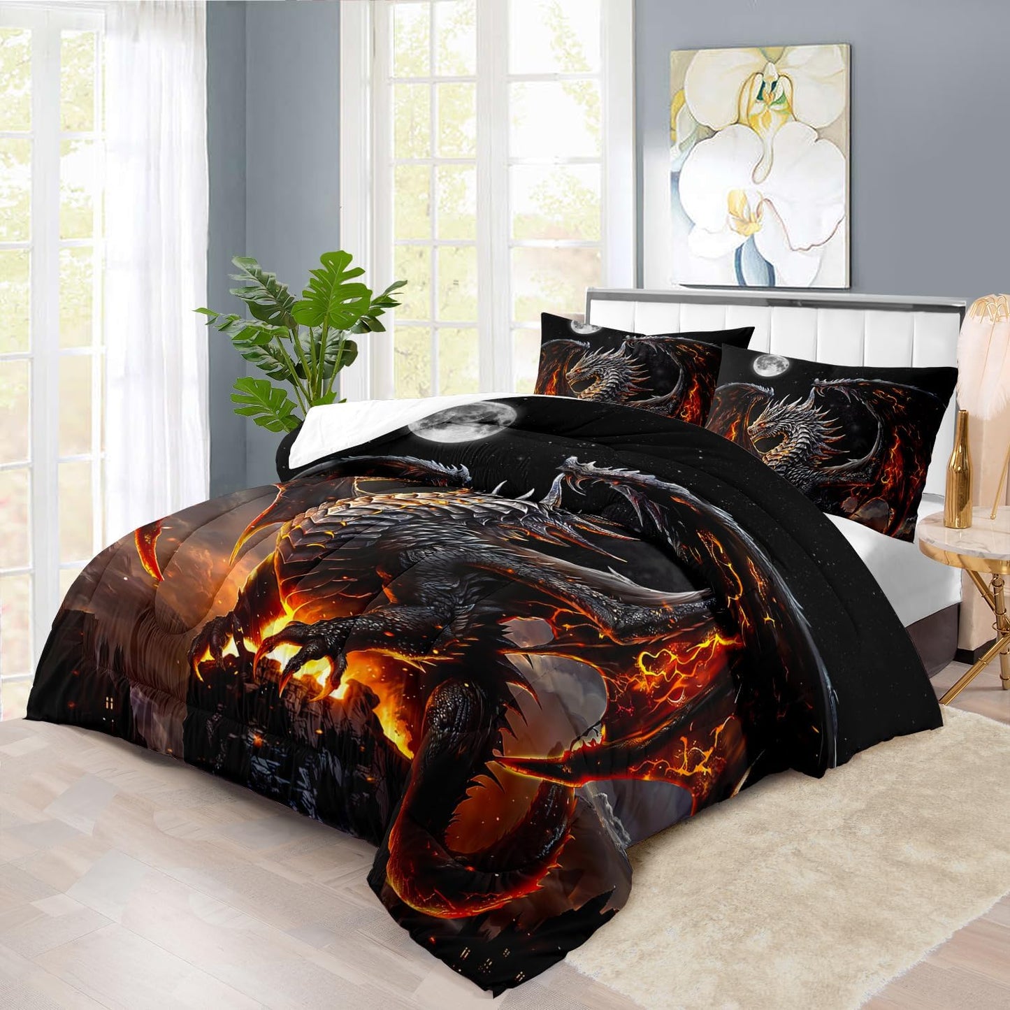 Black Dragon Comforter Set King Adult,Flame Dragon Bedding Set for Boys,Magical Beast Bedding Fantasy Animal Comforter Beedroom Decor,Magical Beast Quilt Bed Decor