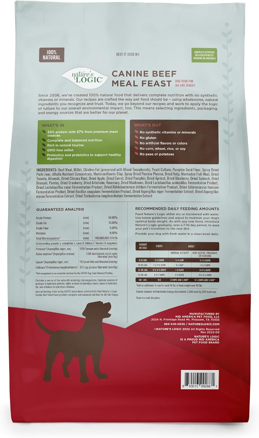 NATURE'S LOGIC Dry Dog Food - 100% Natural - No Synthetics - for All Ages, Sizes, Breeds - Free from Common Allergens, High Protein - Beef Meal Feast, 13lbs