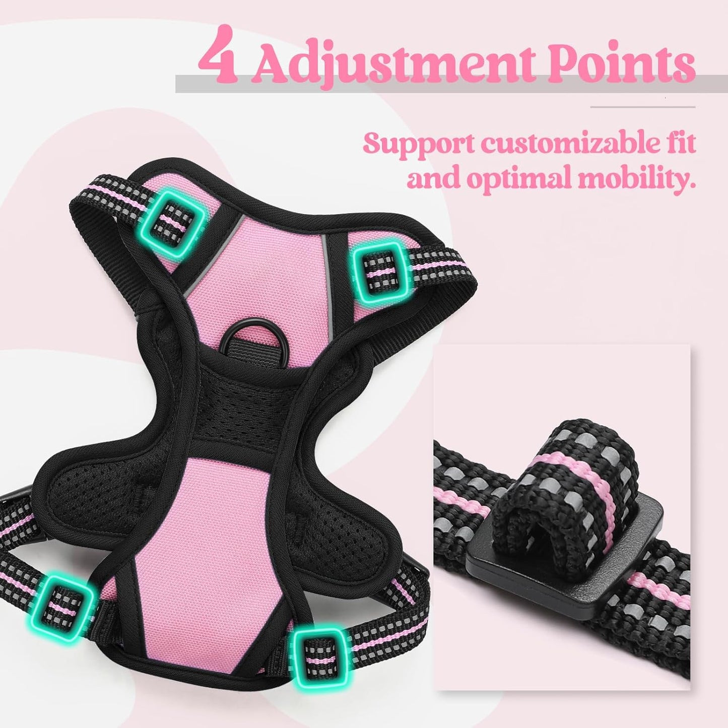 rabbitgoo Dog Harness No Pull with 2 Leash Clips, Adjustable Soft Padded, Reflective Oxford No Choke Pet Vest with Easy Control Handle for Puppy, Pink, XS