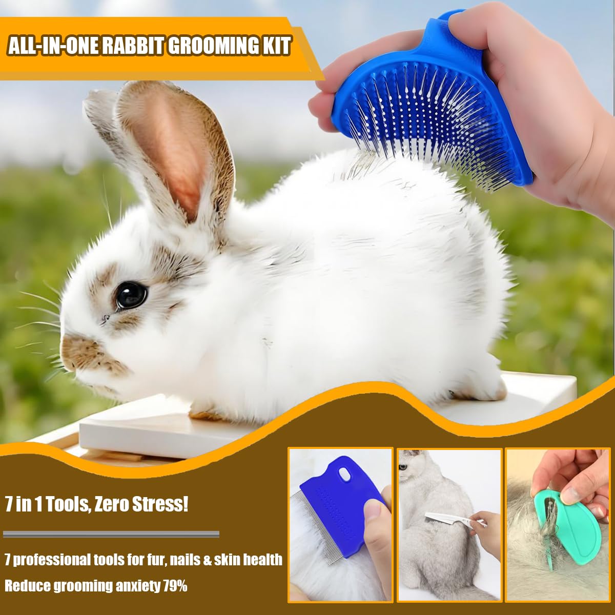Rabbit Grooming Kit – Bunny Grooming Kit with Shedding Brush, Nail Clippers & Comb – Small Animal Grooming Supplies for Rabbits, Guinea Pigs, Hamsters, Ferrets - Small Pet Shedding & Care (Blue)