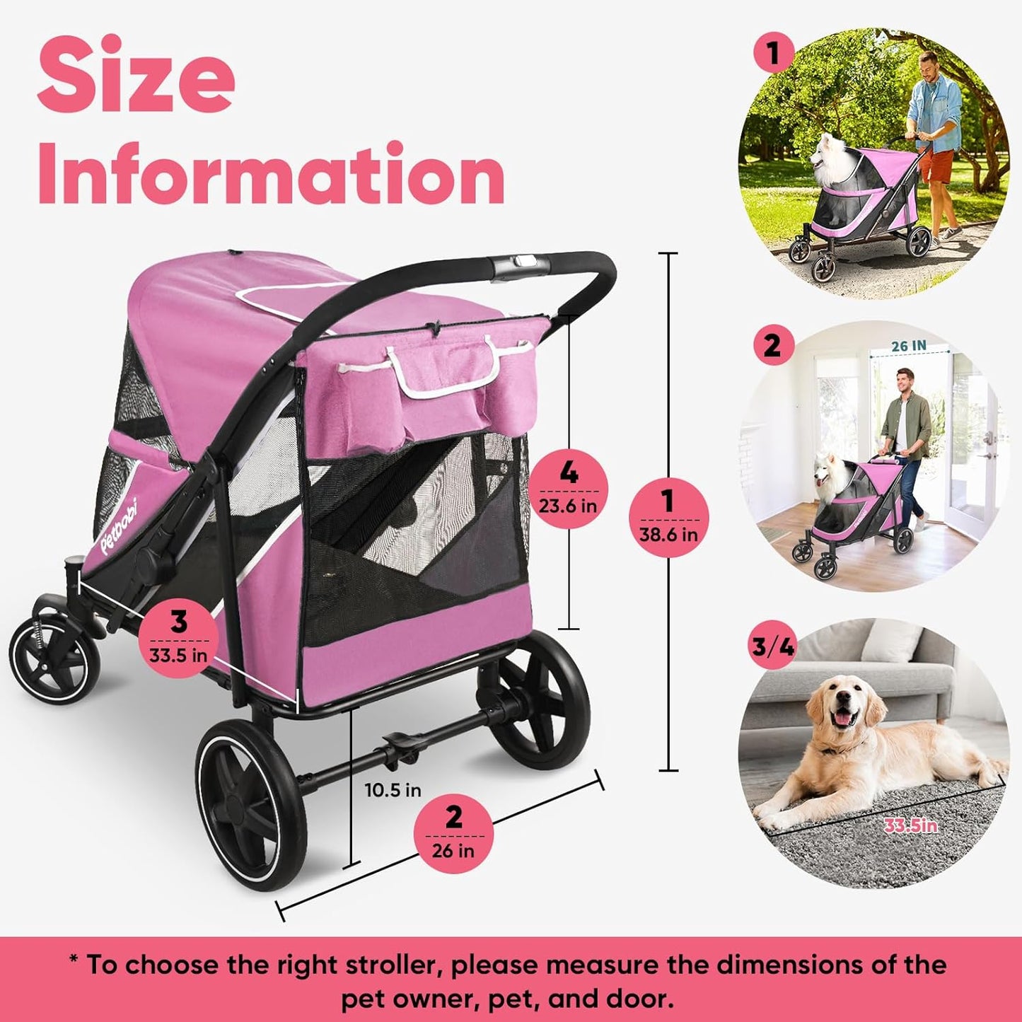 Petbobi Dog Stroller for Medium Dogs - Easy Fold Dual Entry Pet Stroller with One-Foot Brake, All Terrain Wagon Cart with Large Air Mesh, Ideal for Large Senior Pets up to 80 lbs, Pink