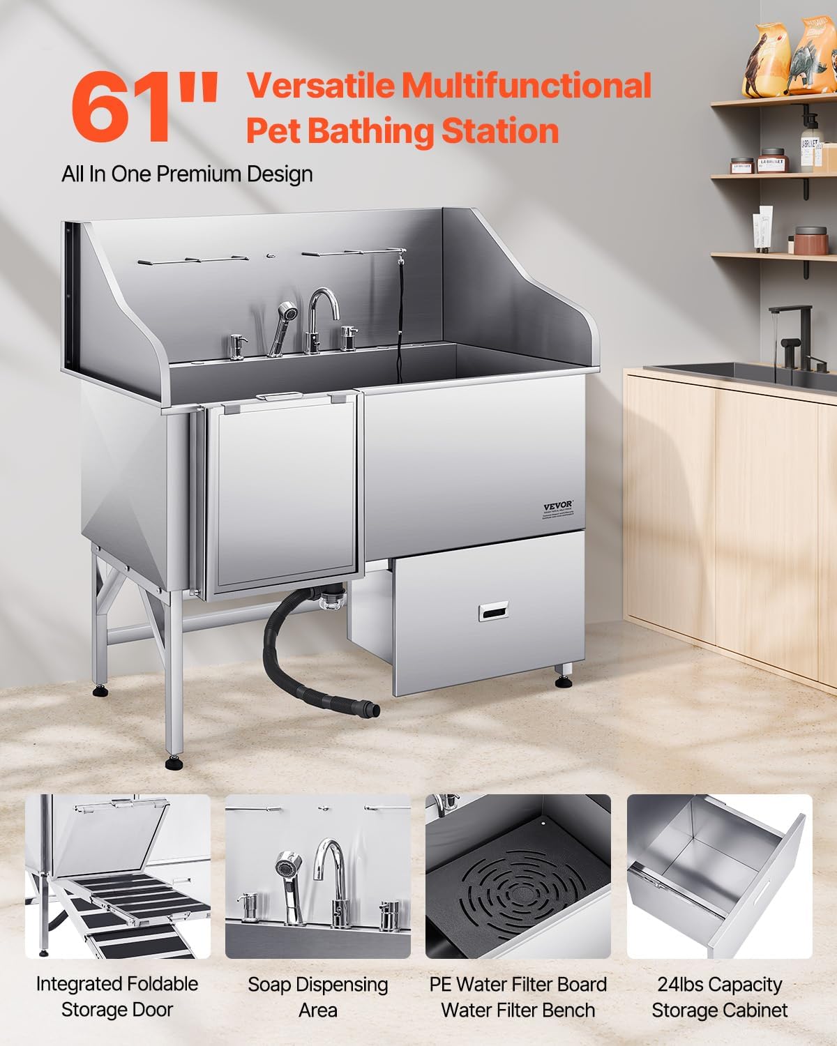 VEVOR Professional 304 Stainless Steel Dog Bathing Station, 61 inch Pet Grooming Tub w/Anti-Slip ramp, Storage Drawer, Cold Hot Faucet Showerhead, for Large & Medium & Small (Left Door, with Drawer)