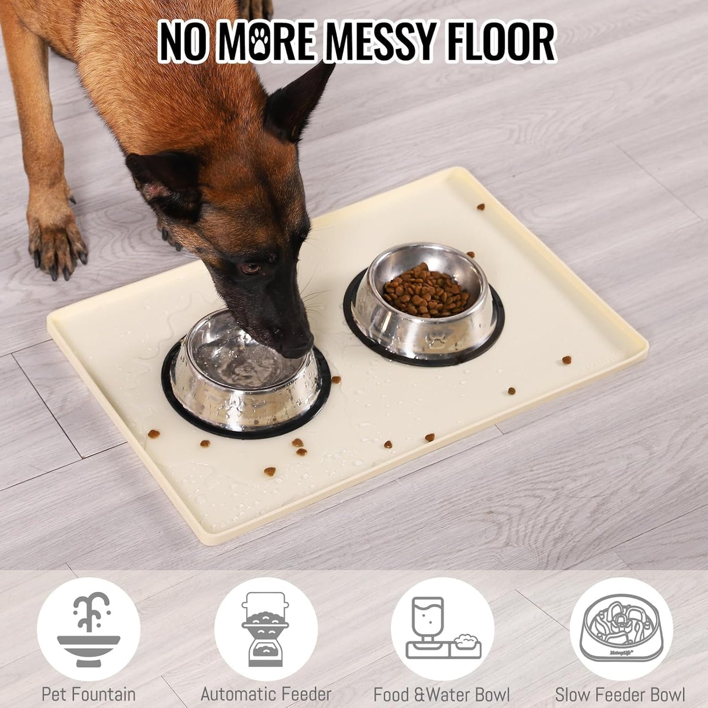 MateeyLife Dog & Cat Food Mat, Waterproof & Nonslip Silicone Feeding Mats for Dogs and Cats, Raised Edge Tray for Messy Drinkers, 22"x14", Beige