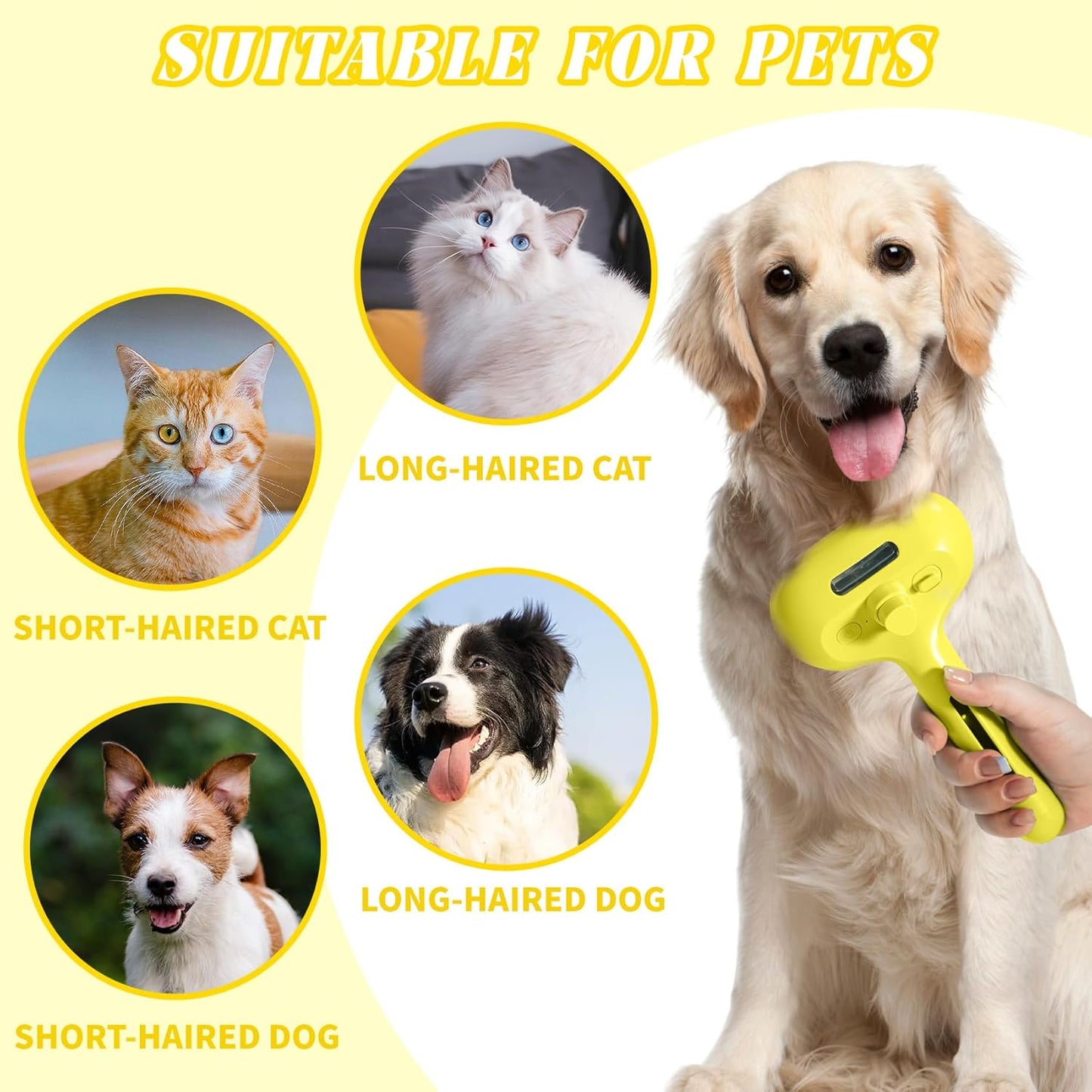 QOQ Self-Cleaning Spray Cat Brush for Shedding, Removes Static Flying Hair, and Works Wonders for Both Long and Short-Haired Pets 2 In 1 Cleaning Brush for Cats And Dogs Grooming (Yellow)