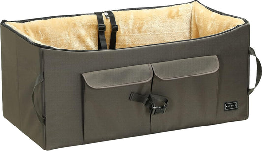 Petsfit Dog Booster Seat For 2 Small Dogs or Medium Dog up to 45 lb, Large Dog Car Seat With 2 Big Pockets for Cars, Trucks and SUVs (Large, Dark Brown)