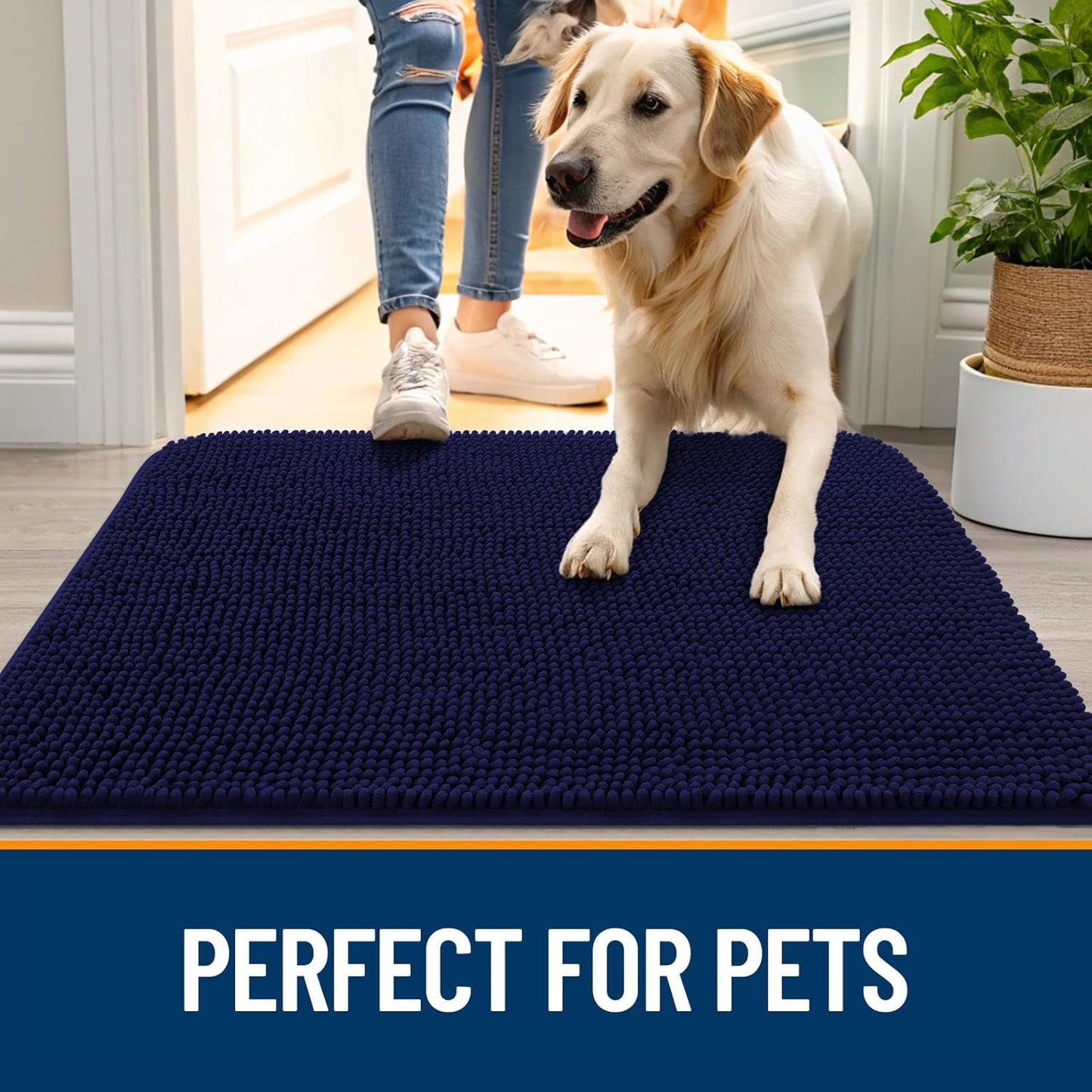 OLANLY Dog Door Mat for Muddy Paws 30x17, Absorbs Moisture and Dirt, Absorbent Non-Slip Washable Doormat, Quick Dry Chenille Mud Mat for Dogs, Entry Indoor Entryway Carpet for Inside Floor, Navy Blue