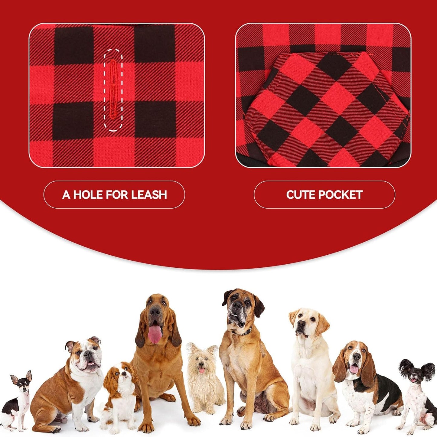 Dog Hoodie Sweater Red Buffalo Plaid Pet Clothes Warm and Soft Breathable Cozy Pet Hoodies for Large Dogs Dog Sweaters for Extra Large Dogs with Pocket(XXL)