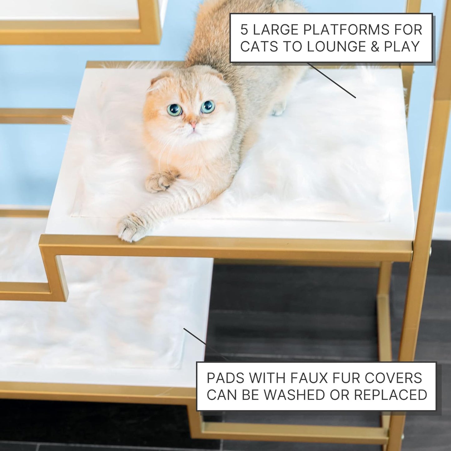 THE REFINED FELINE 62 Inch Tall Metropolitan Cat Condo, Gold Metal Frame Cat Tower, Multi-Level Modern Cat Tree for Indoor Cats, White Platforms with Faux Fur Replaceable Cushions