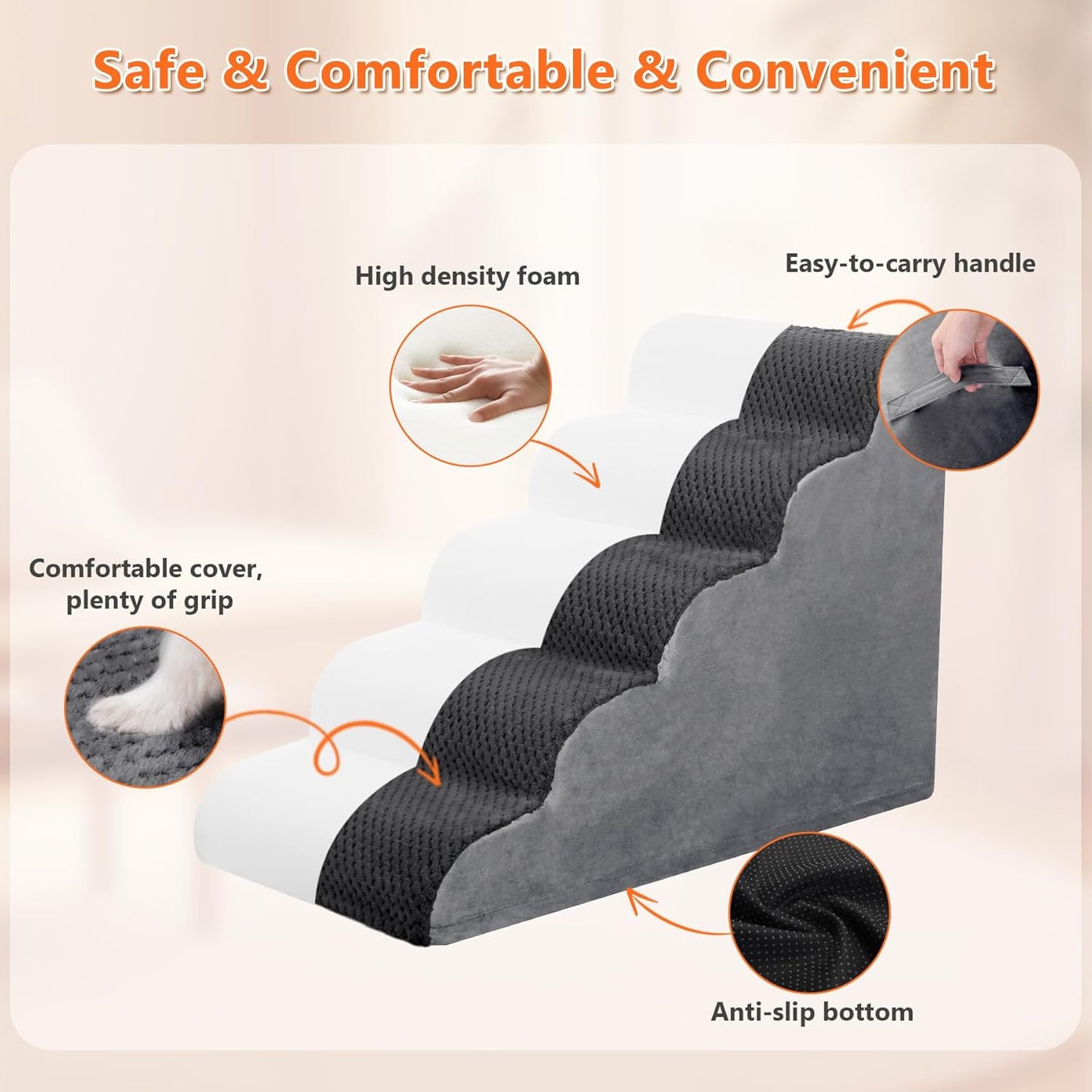 MIHIKK Dog Stairs Ramp, Curved 5-Step Dog Steps for Small Dogs and Cats, Pet Stairs for High Beds and Couch with Anti-Slip Washable Cover and Durable High Density Foam, Dark Grey