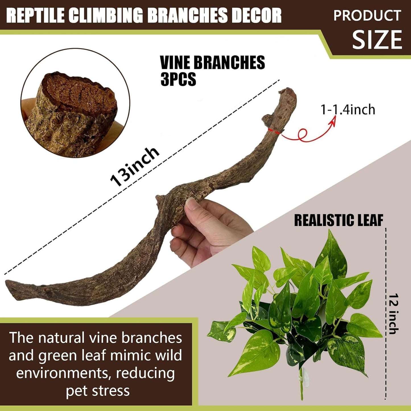 BNOSDM 3 Pcs Reptile Climbing Branches Decor,Snake Climbing Branch,Gecko Climb Wood,Lizard Forest Branch,Tank Habitat Tree Trunk Decorations for Bearded Dragons,Chameleons,Spider,Frogs (S)