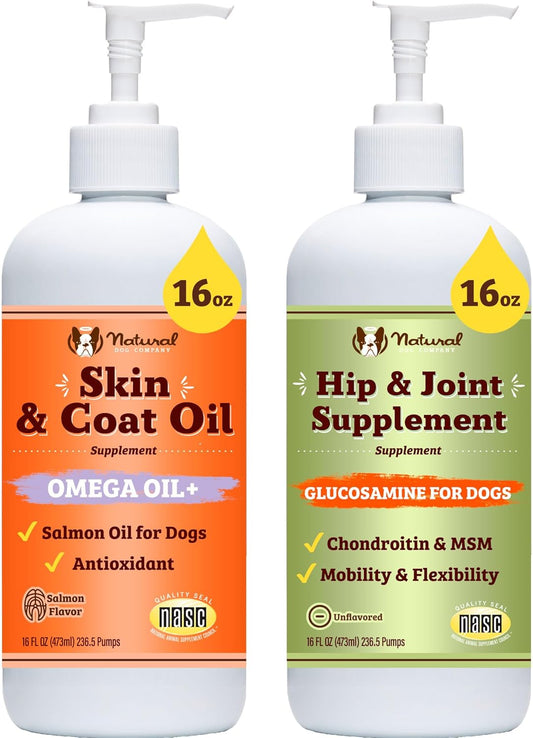 Natural Dog Company Healthy Joints, Skin and Coat Bundle for Dogs, Includes (1) Bottle Natural Dog Company Skin and Coat Oil, (1) Bottle Liquid Glucosamine, Food Topper, Dog's Fish Oil Supplement