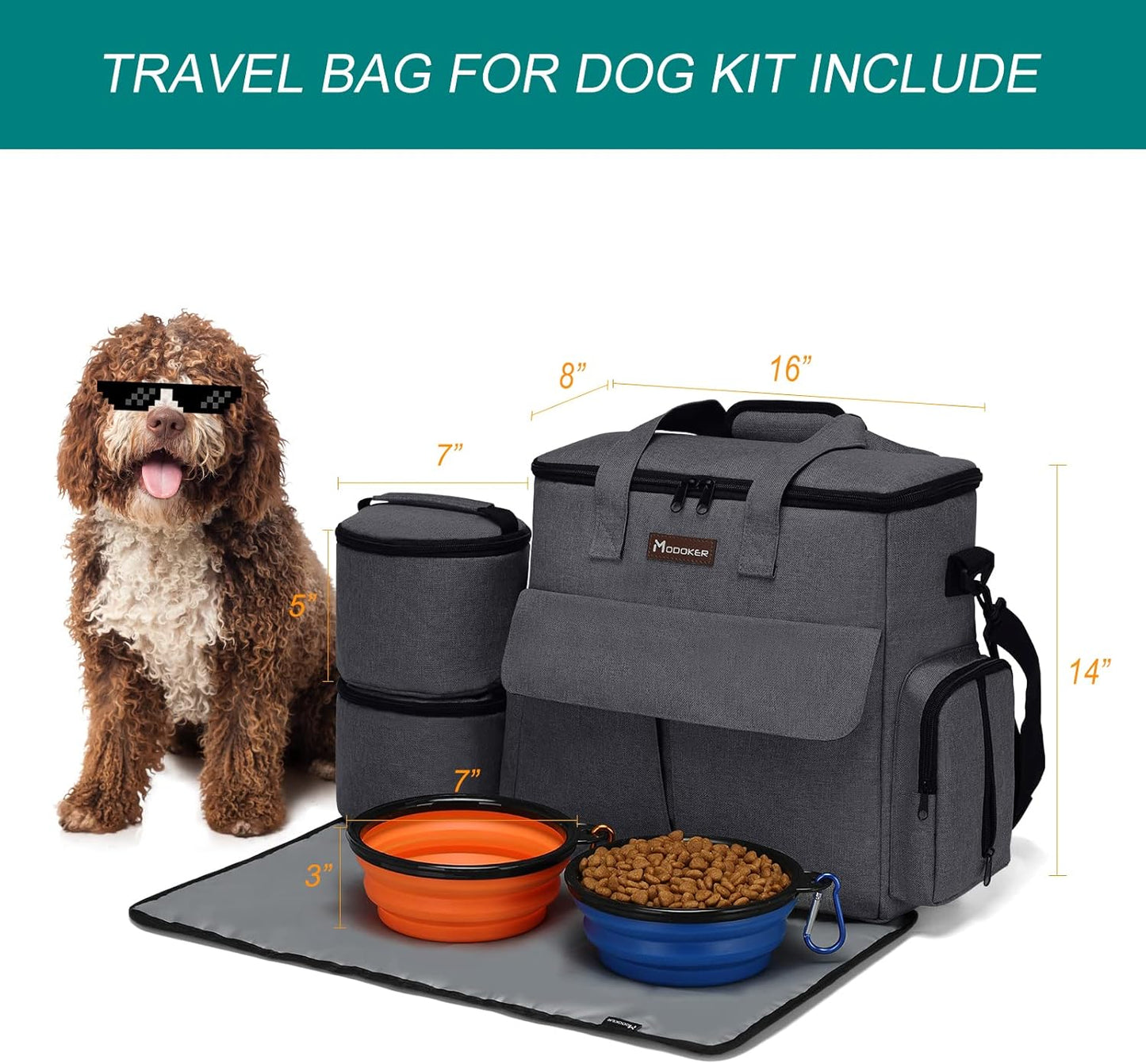 Modoker Airline Approved Pet Travel Bag, Weekend Dog Travel Set for Dog and Cat, Airline Approved Tote Organizer with Multi-Function Pockets 2 Food Storage Containers, 2 Collapsible Bowls (Dark Gray)