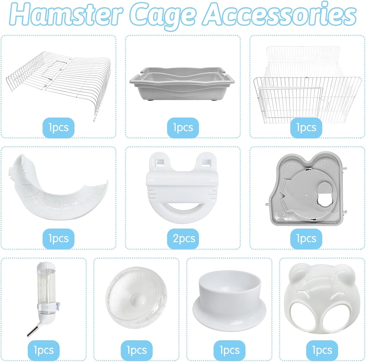 PINVNBY Dwarf Hamster Cage, Small Animal Cages, 2-Tier Travel Portable Mouse Cage Hamster Carrier with Castle House Running Exercise Wheels, Water Bottle and Food Dis（Gray）