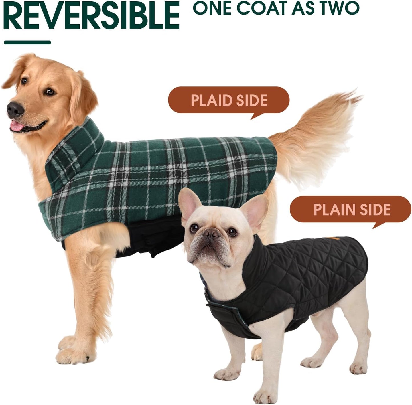 Kuoser Waterproof Dog Coat, Reversible Dog Jacket for Small Dogs, Adjustable Durable Doggie Winter Coat Warm Cozy Puppy Cold Weather Apparel from Small to Large Breed, Green S