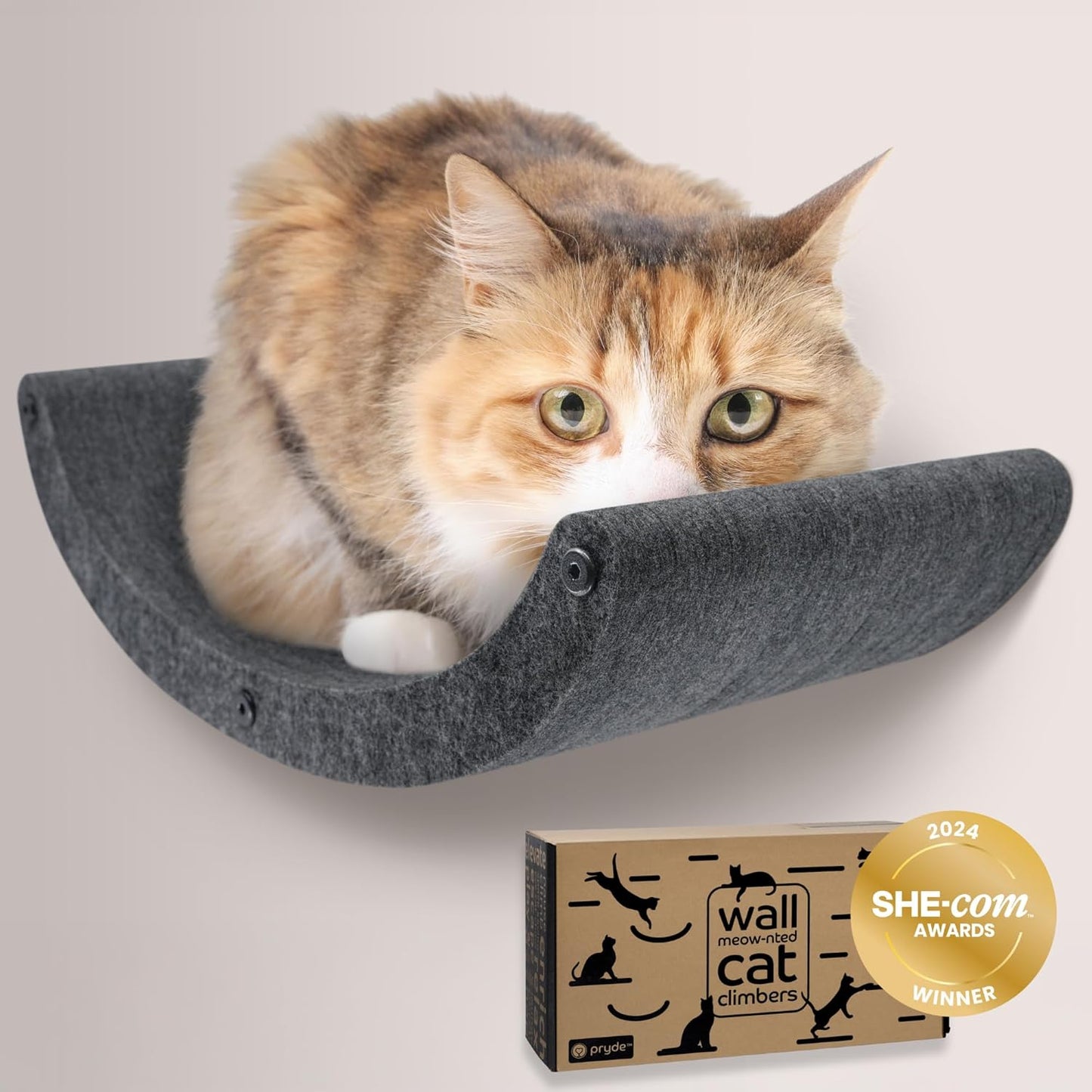Wall Mounted Cat Hammock Bed by Pryde Pets - Floating Perch Curved Shelf, 100% Sustainable PET Felt Feline Enrichment Climber Furniture for Indoor Cats, Modern Climbing Gym Jungle Design (Charcoal)