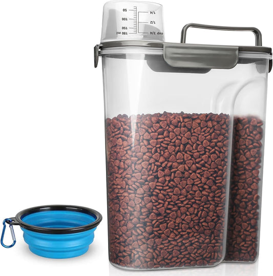 Dog Food Storage Container, 5-7 Lbs Airtight Pet Food Container, Cat Food Container Dispenser Plastic Bin with Pouring Spout, Portable Handle and a Collapsible bowl for Dogs Cats Grey/6Qt