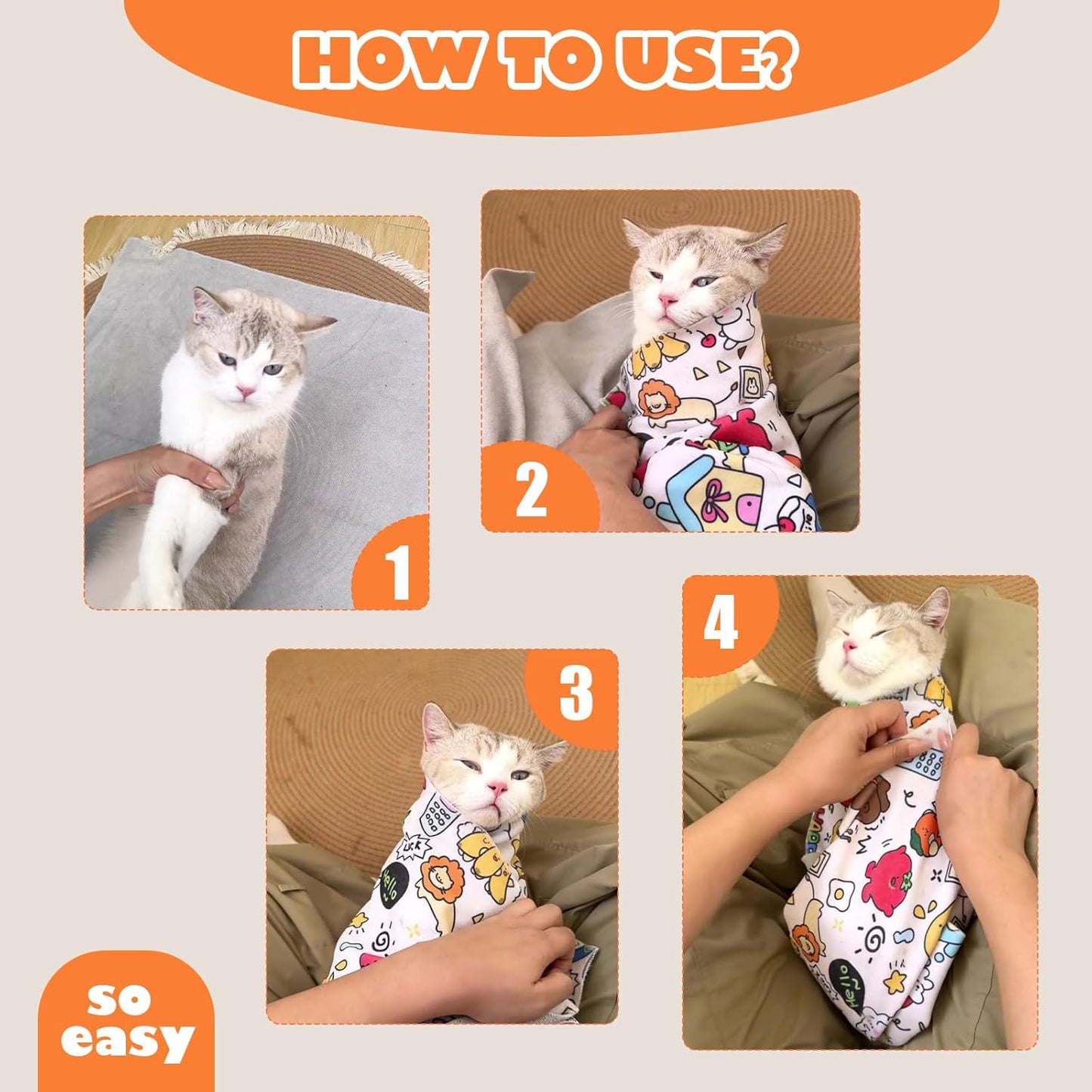 Cat Grooming Wrap, Cat Wrap Self-Adherent, Anti-Scratch Anti-Bite, Anti-Escape Grooming Bag for Cats Nail Clipping, Ear Cleaning, and Teeth Brushing (19.7 × 19.7" Cat Prints)