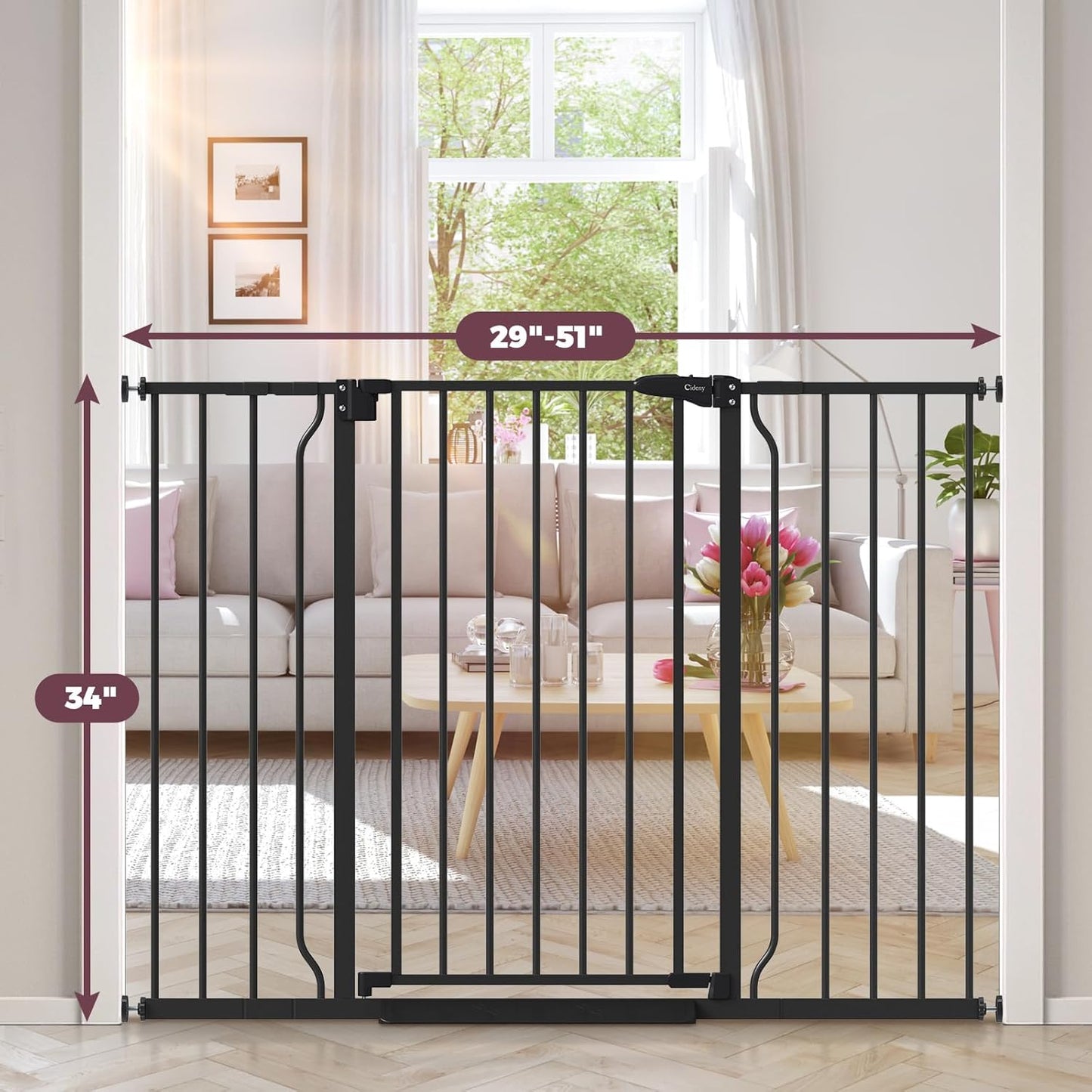 34" Extra Tall Baby Gate for Stairs, Auto Close Stroller Friendly Dog Gate Indoor for Doorways, Pressure Mounted 29"-51" W Baby Gate, Easy Walk Through Gate for Children & Pets, Black