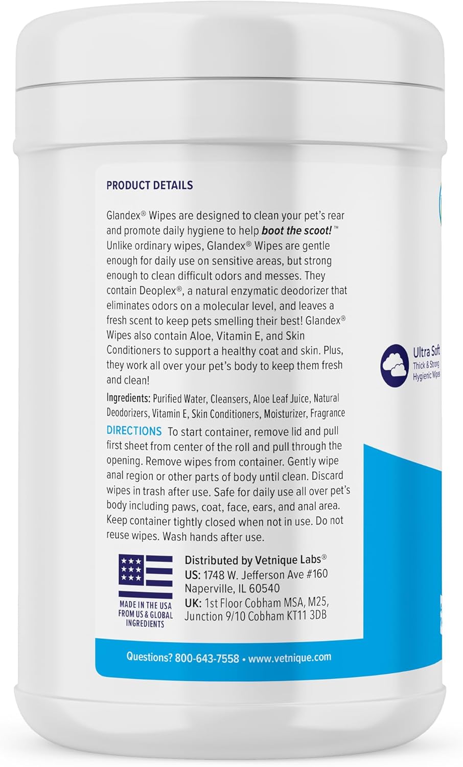 Vetnique Labs Glandex Dog Wipes for Pets Cleansing & Deodorizing Anal Gland Hygienic Dog & Cat Wipes with Vitamin E, Skin Conditioners and Aloe (75ct)