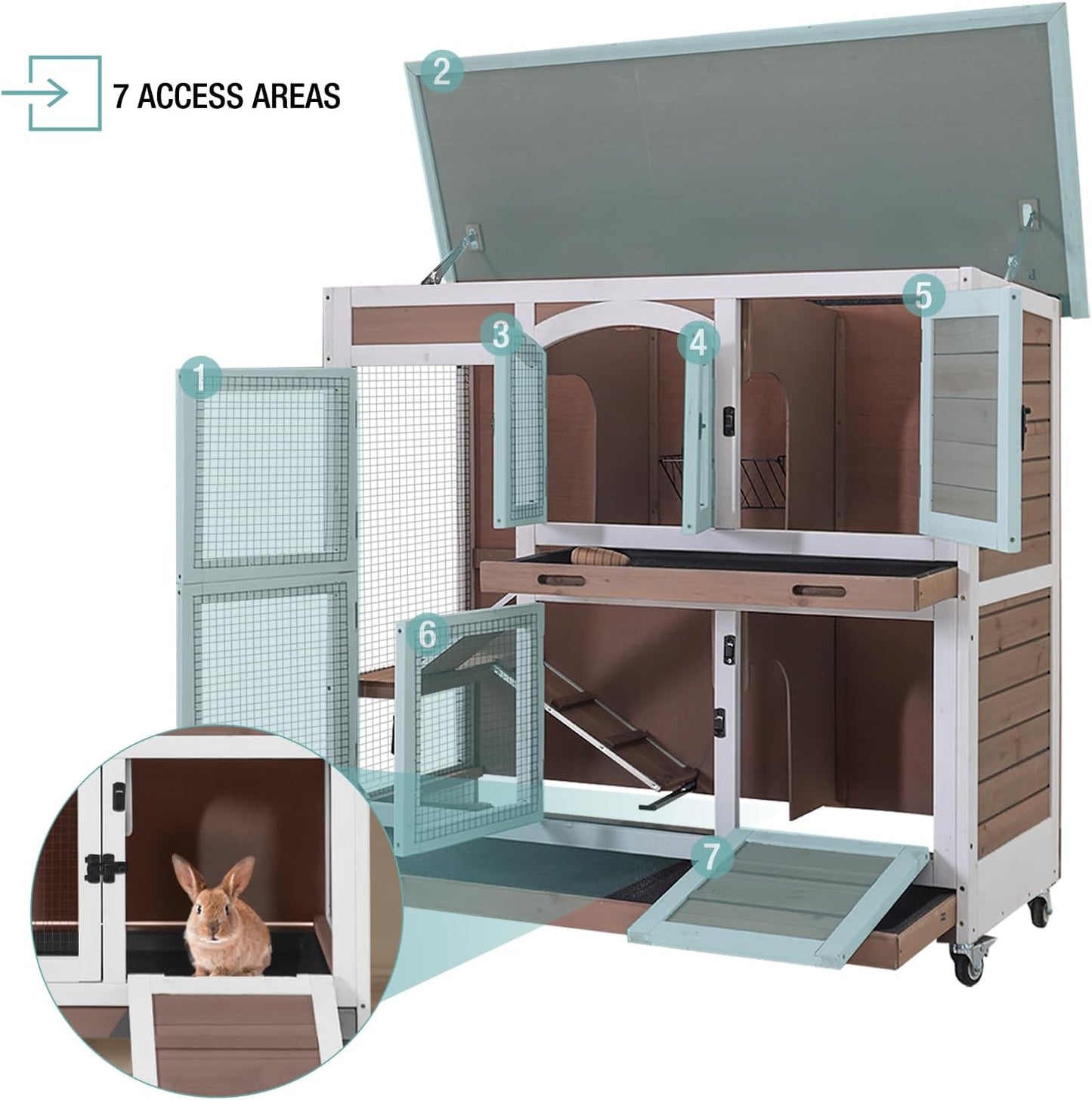 Rabbit Hutch Indoor Bunny House Guinea Pig Cage with Sliding Plastic Trays, Wheels & Ramp, 47.2" Multi-Door Wooden Small Animal Cage for Rabbits, Bunnies, and Guinea Pigs (Brown)