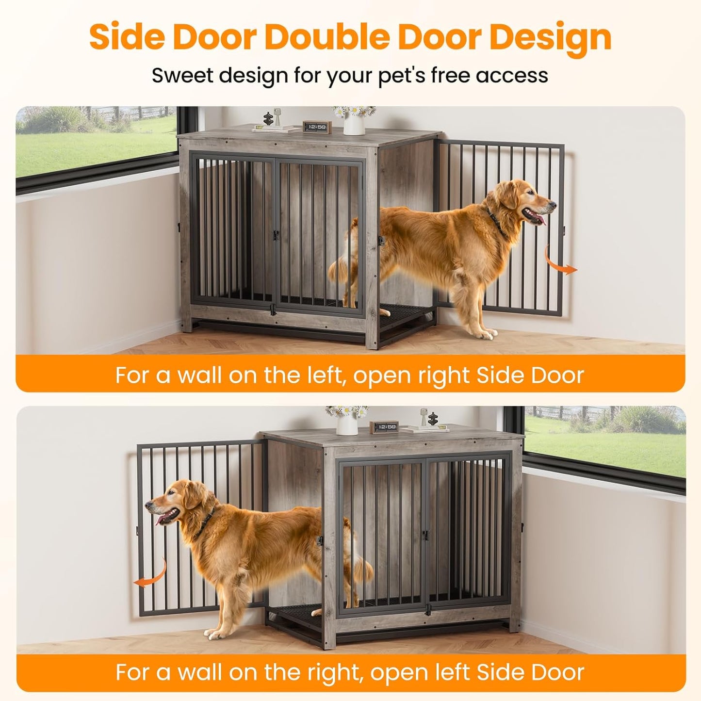 Dog Crate Furniture, Large Dog Crate Furniture, Dog Crate End Table for Large and Medium Dogs, Wooden Cage Kennel Furniture Indoor, Modern Dog Crate with Multi-Purpose Removable Tray