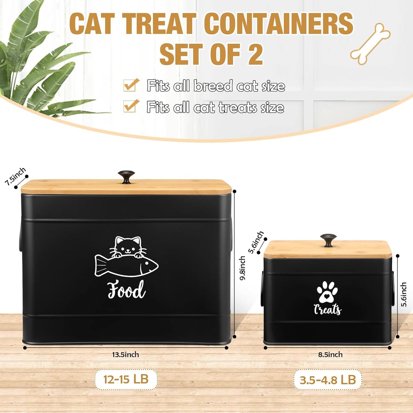 Extra Large Metal Cat Food Containers Airtight 12+3.5 lbs Cat Treat Snack Jars Set of 2 with Bamboo Lids and Spoons Farmhouse Big Pet Cookie Storage Jars for Kitchen Counter Gifts(Black)