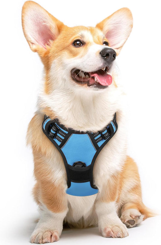Eagloo Dog Harness Medium Sized Dog, No Pull Service Vest with Reflective Strips and Control Handle, Adjustable and Comfortable for Easy Walking, No Choke Pet Harness with 2 Metal Rings, Sky Blue, M