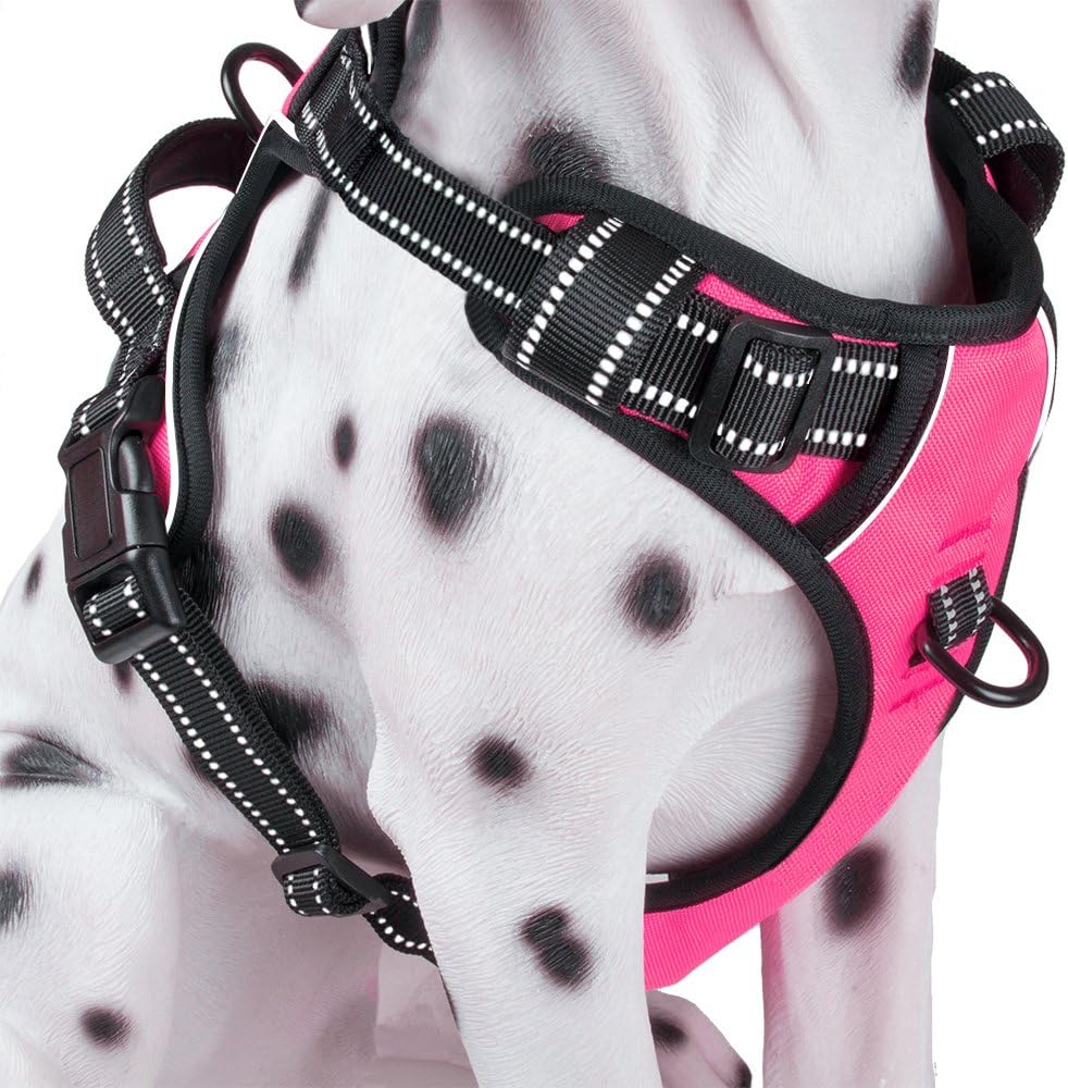 PoyPet No Pull Dog Harness, Reflective Comfortable Vest Harness with Front & Back 2 Leash Attachments and Easy Control Handle Adjustable Soft Padded Pet Vest for Small to Large Dogs (Pink,M)